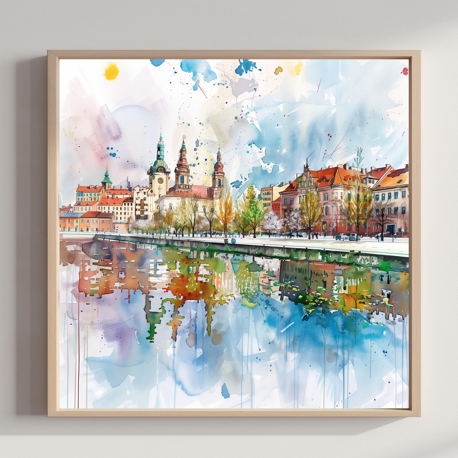 Lodz Old Town Poland Watercolor Print: Polish Travel Art Poster Square