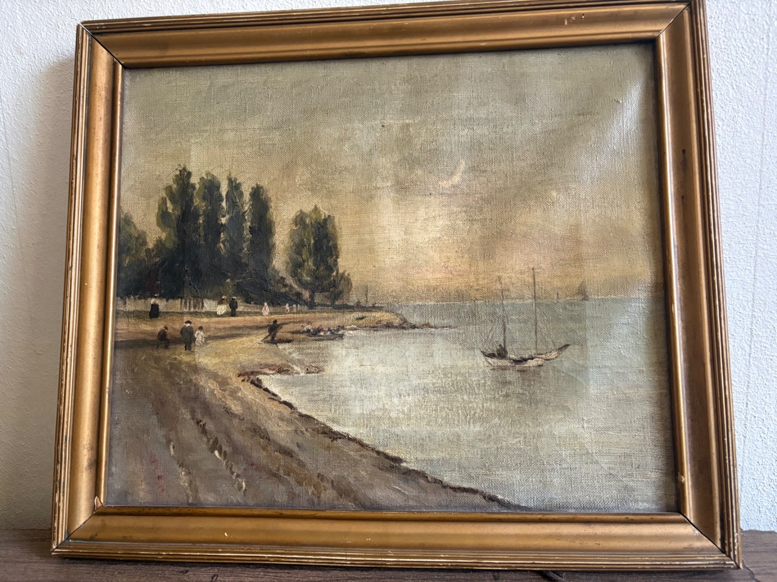 Antique c.1900 Impressionist Coastal Oil Painting–Beach Figures Sailboat–Canvas