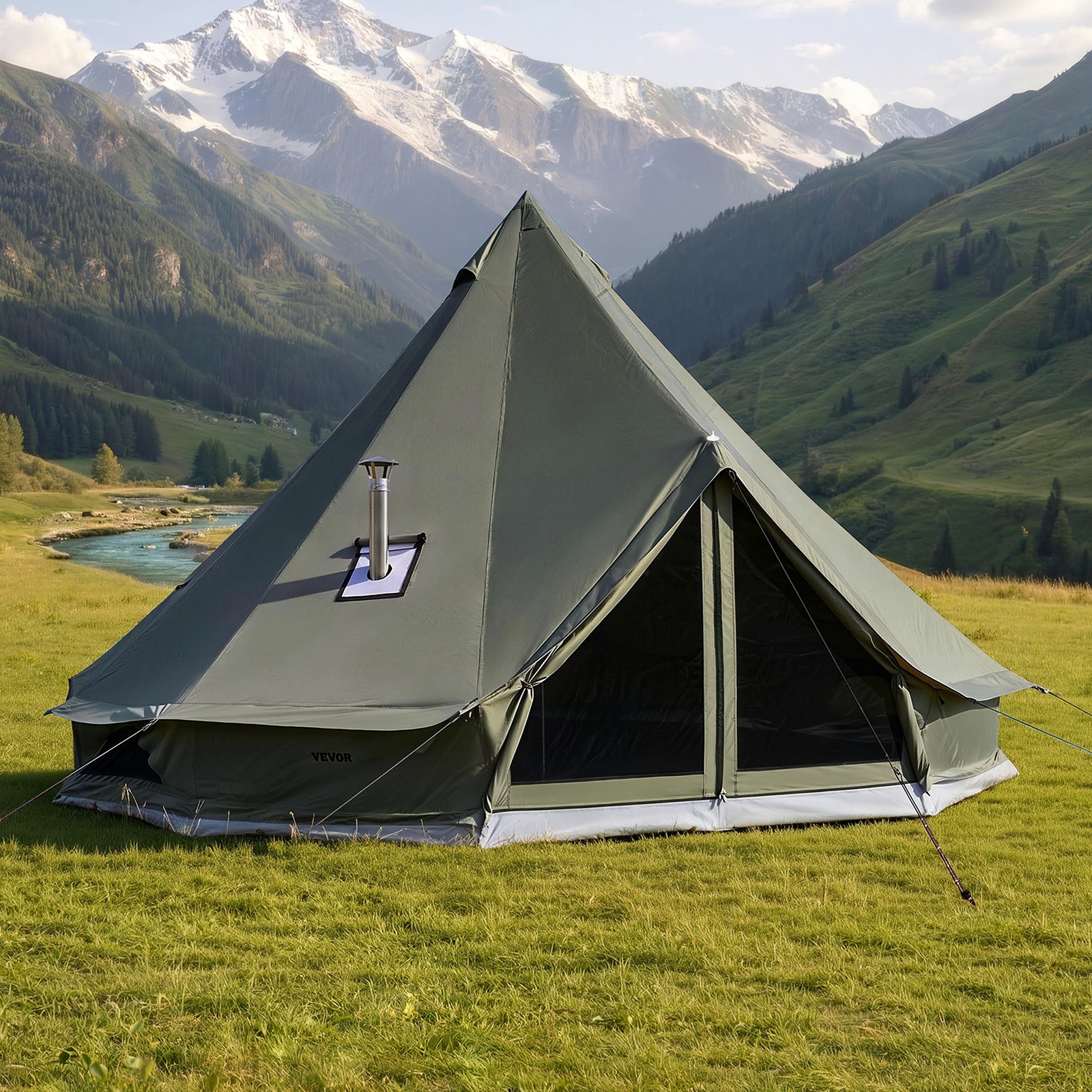 VEVOR Canvas Bell Tent 3 m/9.84 ft 4-Season Camping Yurt Tent with Stove Jack