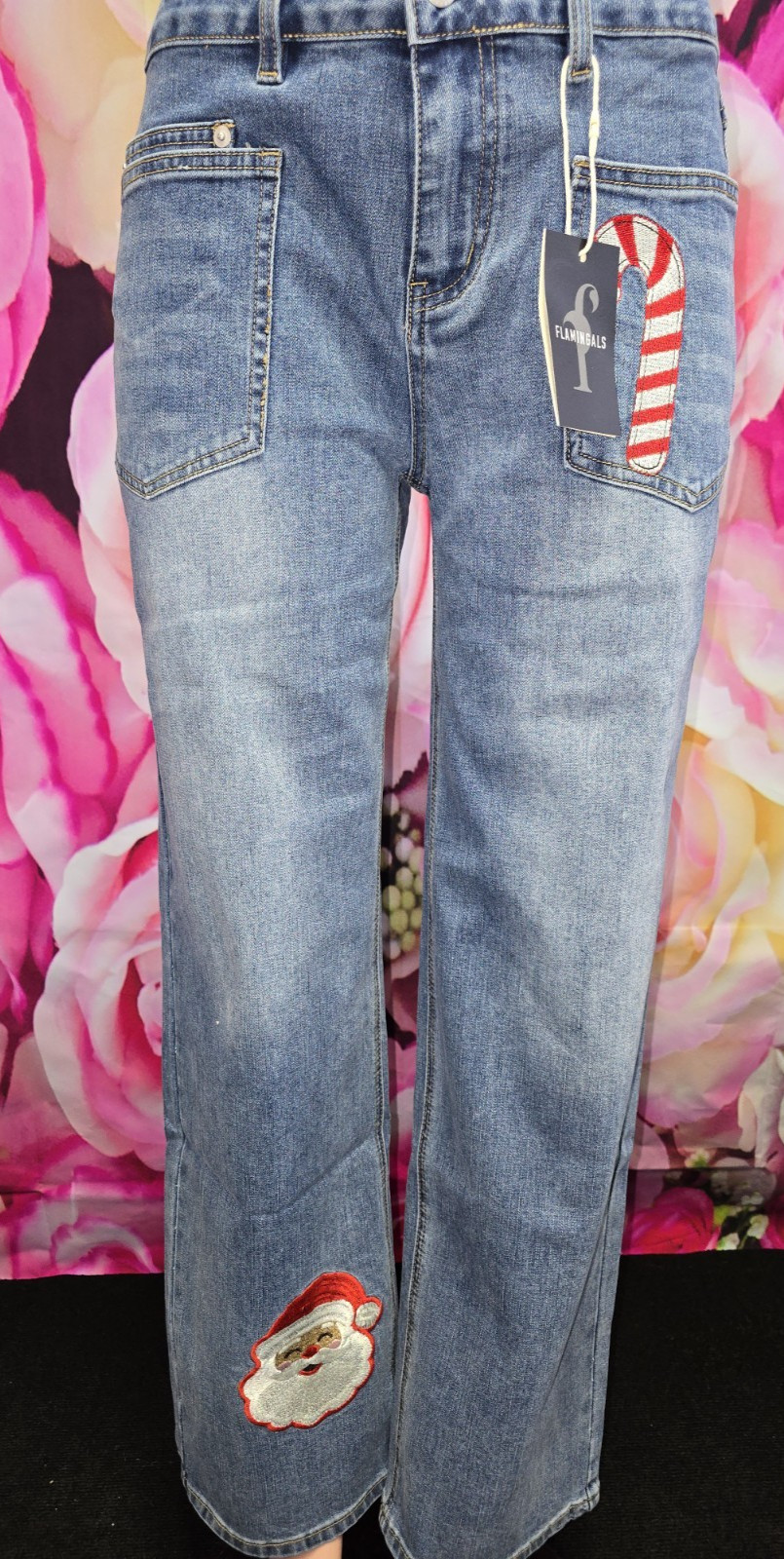 NWT Flamingals Holiday Christmas Jeans Embroidered patches, XL #78754 32 Inseam NWT Flamingals Holiday Christmas Jeans Embroidered patches, XL #78754 32 Inseam