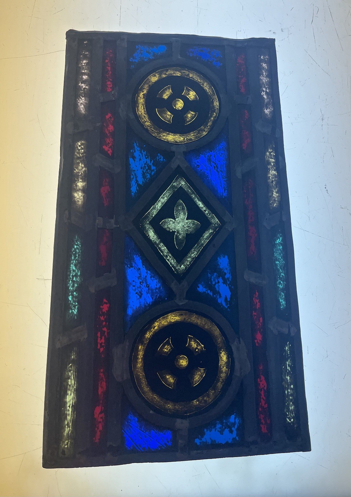 Antique Leaded Stained Glass, Blue/Red/Green Gold,church window 15 1/2 x 8 1/2 Antique Leaded Stained Glass, Blue/Red/Green Gold,church window 15 1/2 x 8 1/2