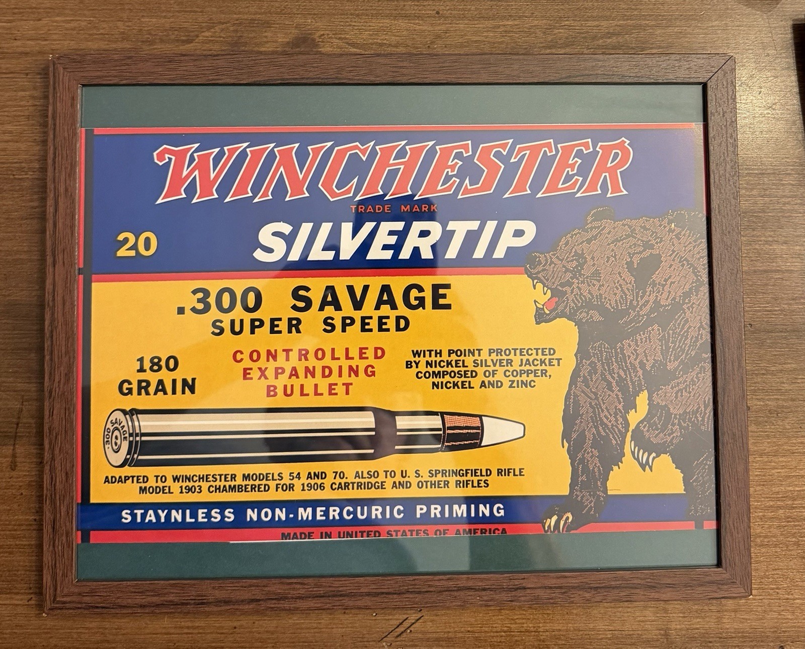 Winchester Grizzly Bear Vintage Ammo Box Reproduction Framed Print .300 WM