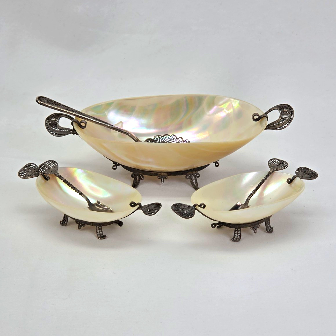 ​Antique Mother of Pearl & Silver Filigree Caviar Set – 6 Pieces