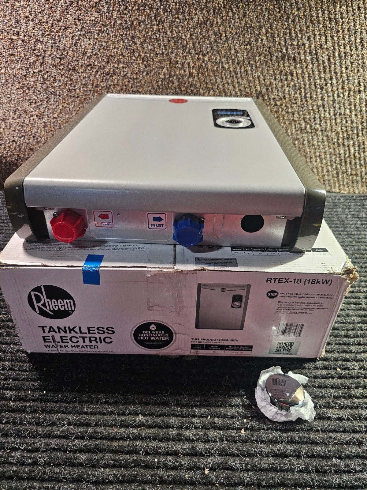 RHEEM RTEX-18 Tankless Instant Electric Water Heater 240VAC, 18Kw 4.4 gpm Max