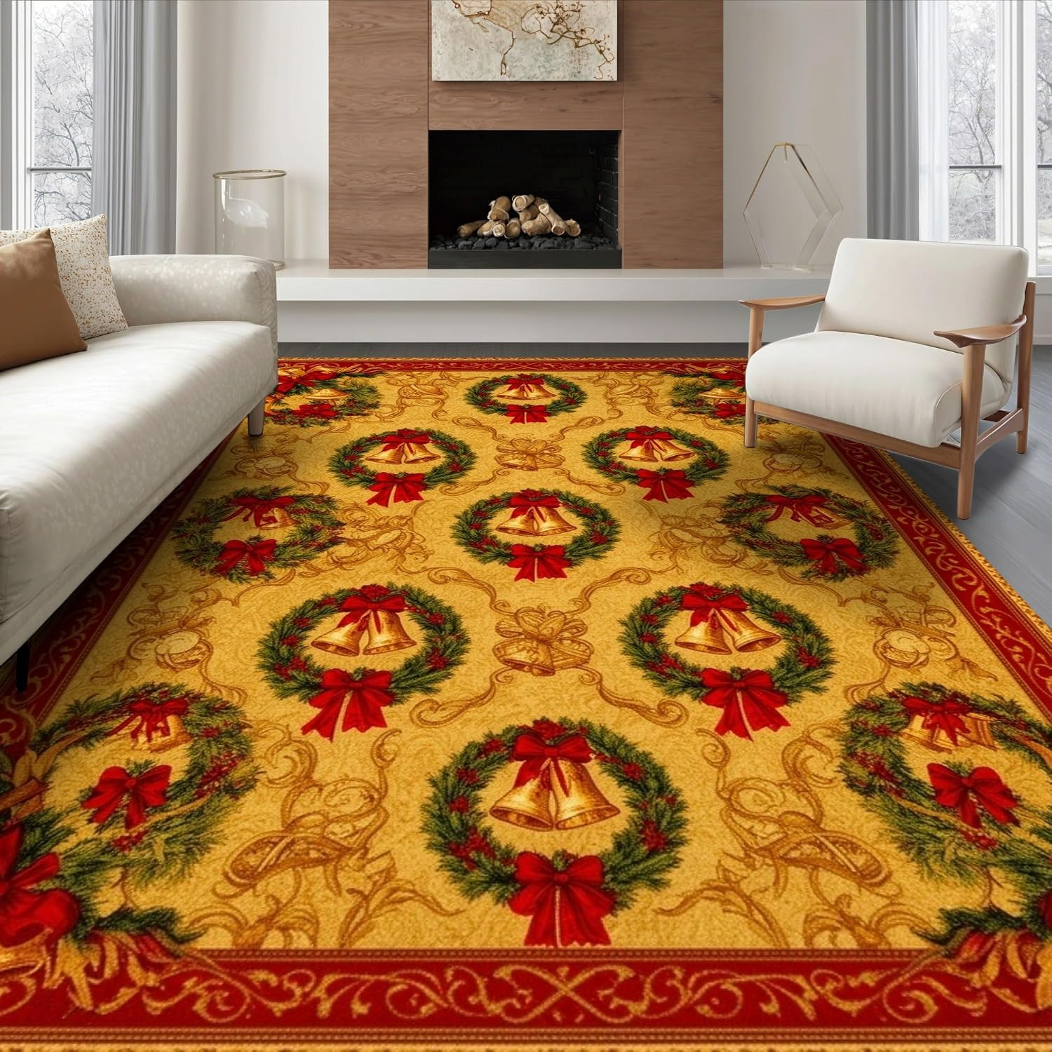 8\'X10\' Gold Christmas Wreath Bell Design Ultra-Soft Area Rug 8\'X10\' Gold Christmas Wreath Bell Design Ultra-Soft Area Rug