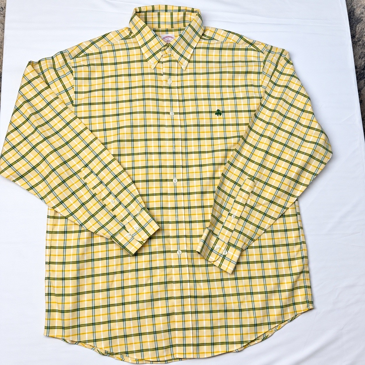Brooks Brothers 346 Mens Large Yellow Green Plaid Supima Cotton Button Down