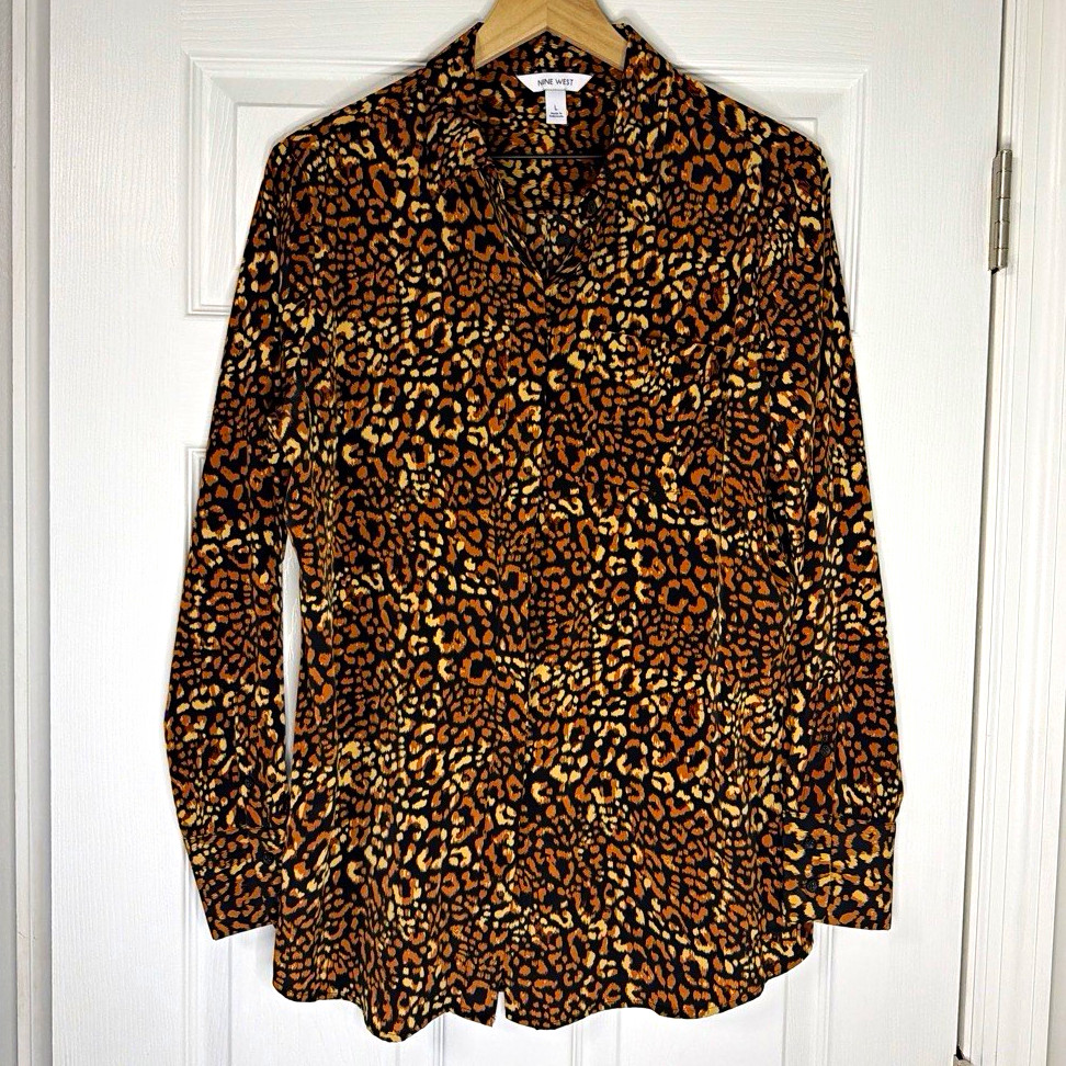 NWOT Nine West Women’s Leopard Animal Print Button-Front Shirt Black L