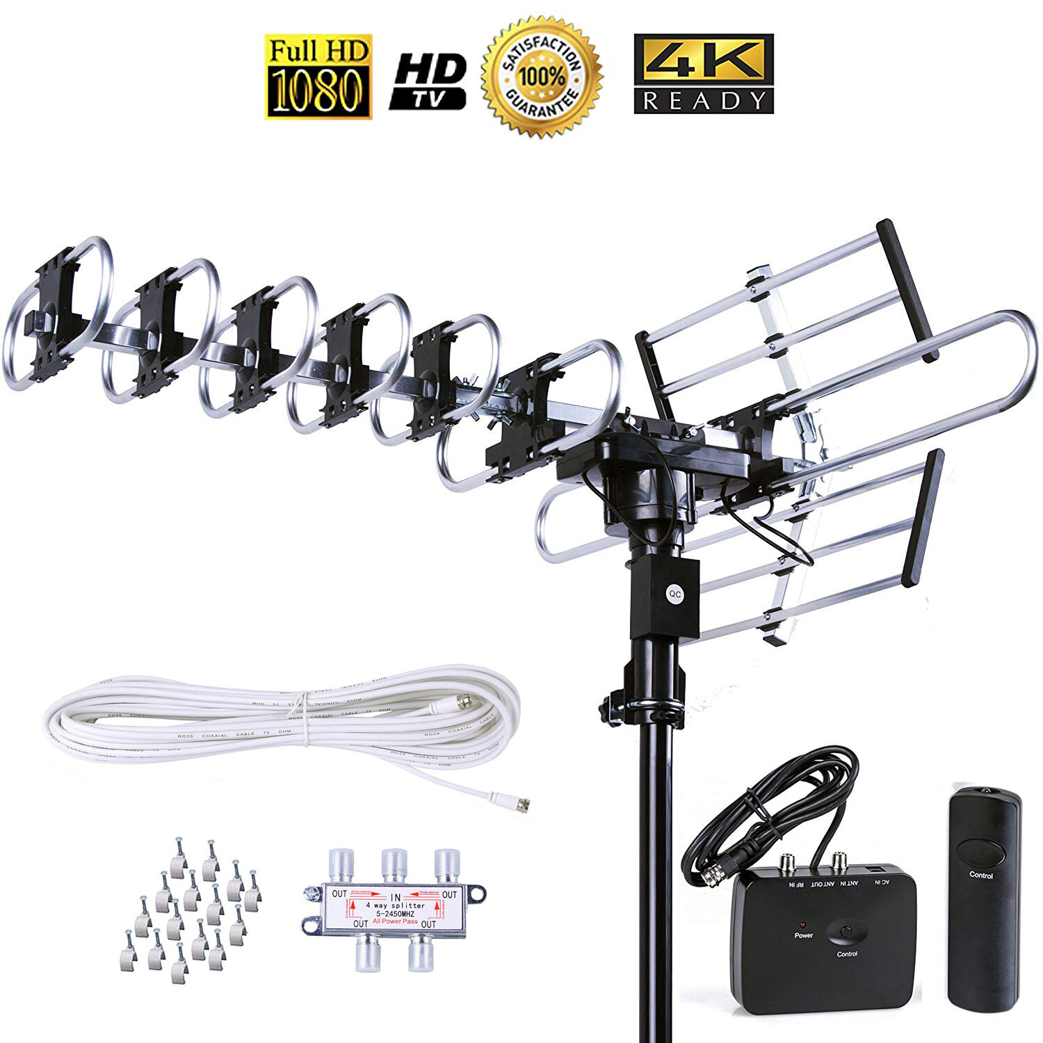 200 Mile Outdoor TV Antenna Amplifier 360 Degree Rotor UHF/VHF/FM Support 5 TVs