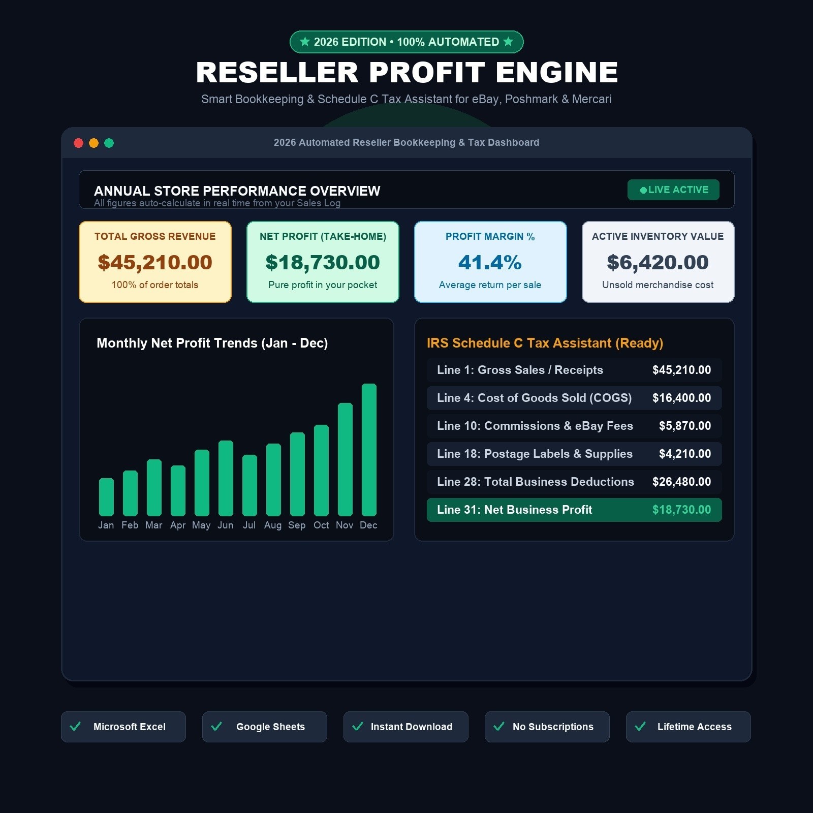 eBay Reseller Bookkeeping Spreadsheet 2026 Profit Tracker Taxes Excel & Sheets