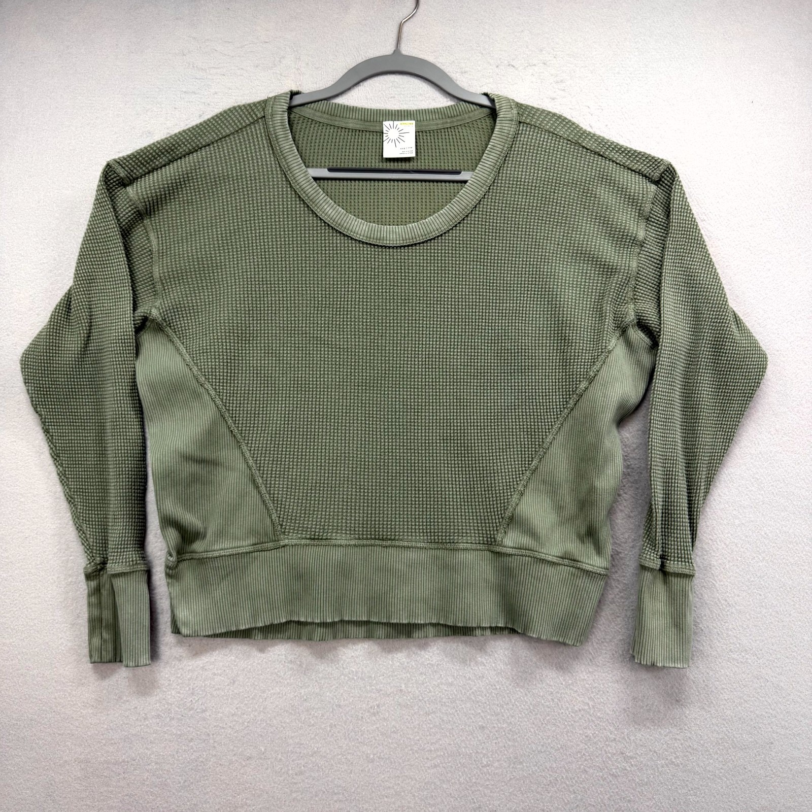 Offline by Aerie Wow Waffle Knit Sweatshirt Womens 2XS Olive Cotton Ribbed Trim
