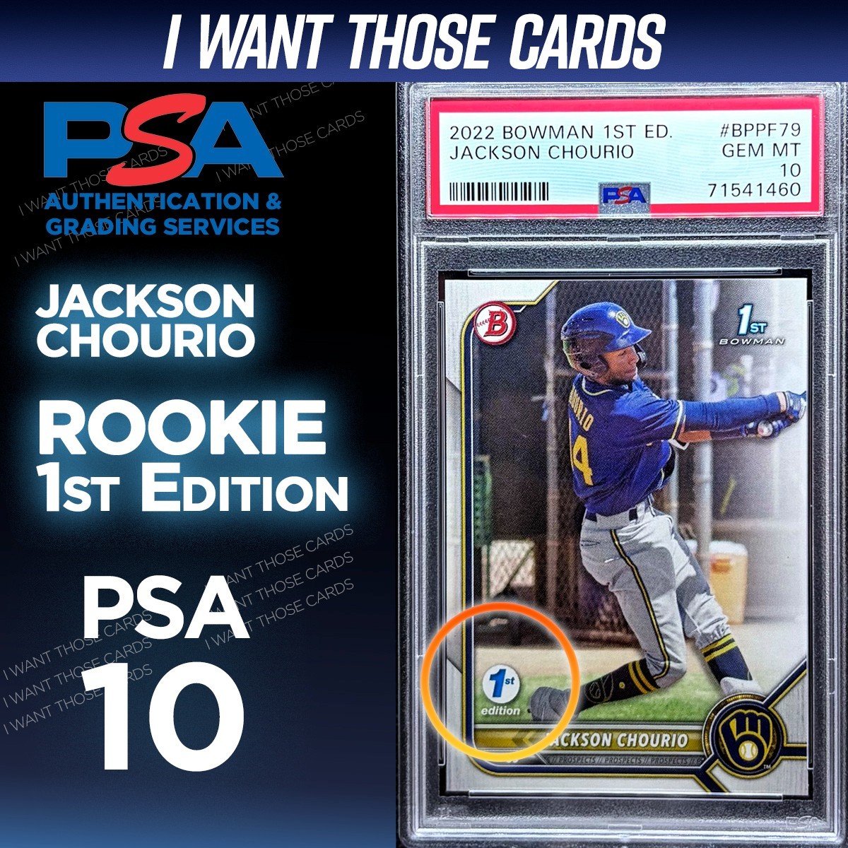 JACKSON CHOURIO ROOKIE 2022 Bowman 1st Edition 1st Bowman GEM MINT 💎 PSA 10