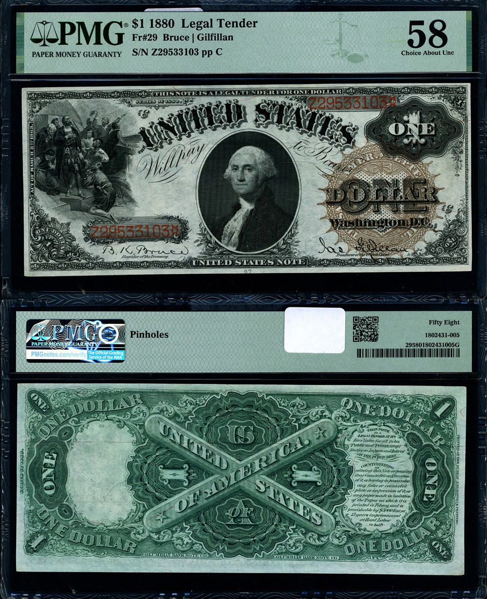 FR. 29 $1 1880 Legal Tender Choice PMG AU58