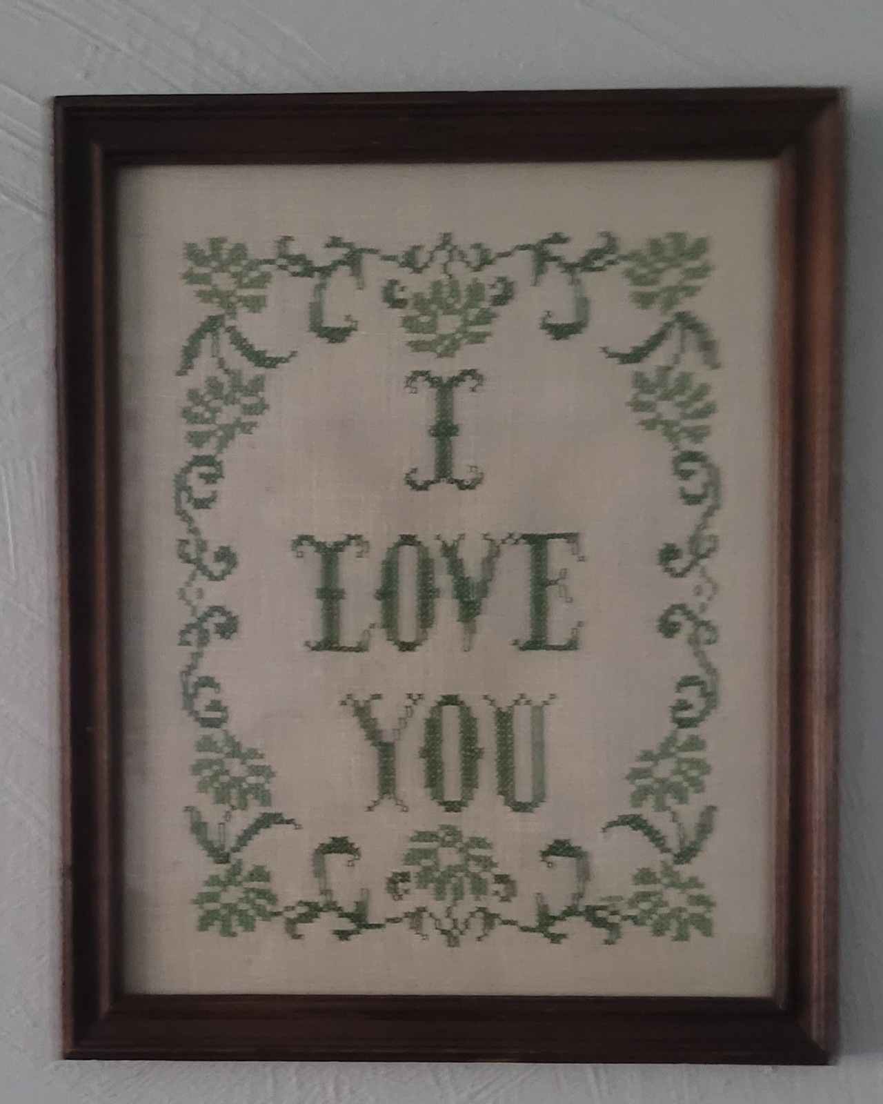 Vintage Framed I Love You Floral Cross Stitch Needlepoint Handmade Wall Art Vintage Framed I Love You Floral Cross Stitch Needlepoint Handmade Wall Art