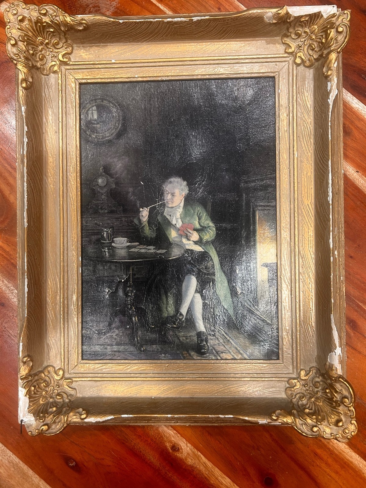 F.M. Bennett 1923 Signed Oil Painting Gentleman Playing Cards Pipe Antique