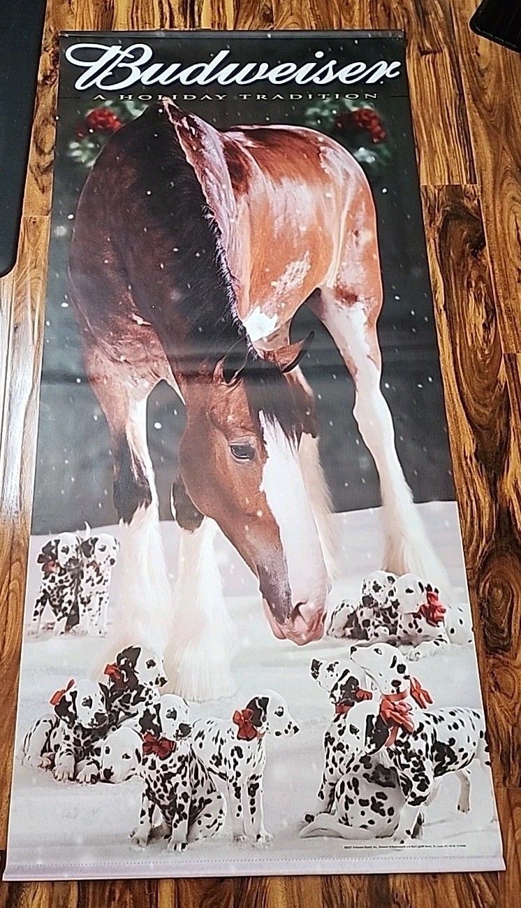 2001 LG 2 Sided Budweiser Christmas Banner Sign 70 2001 LG 2 Sided Budweiser Christmas Banner Sign 70