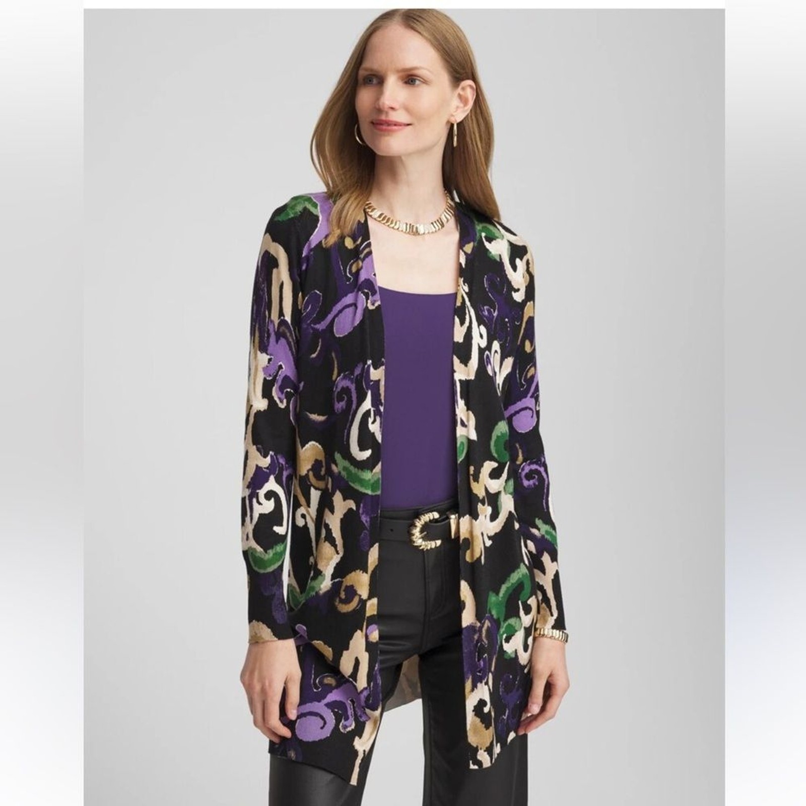 Chico’s Woman’s Scroll Print Cardigan Sweater Ling Sleeve Size 0 Small NWT Chico’s Woman’s Scroll Print Cardigan Sweater Ling Sleeve Size 0 Small NWT