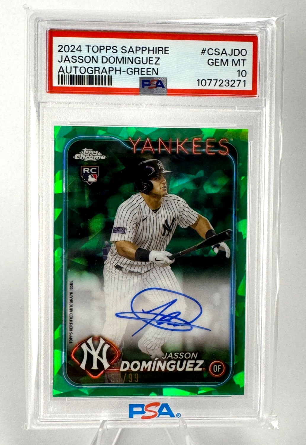 2024 Topps Chrome Sapphire Jasson Dominguez Auto RC Green Refractor #/99 PSA 10