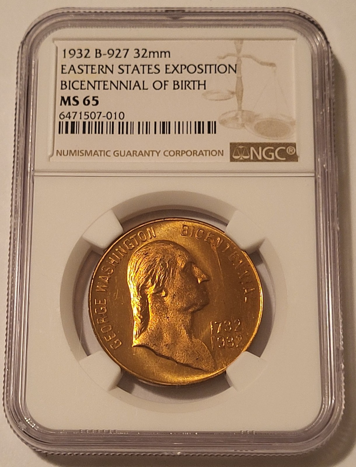 1932 Eastern States Expo Washington Bicentennial of Birth Medal B-927 MS65 NGC