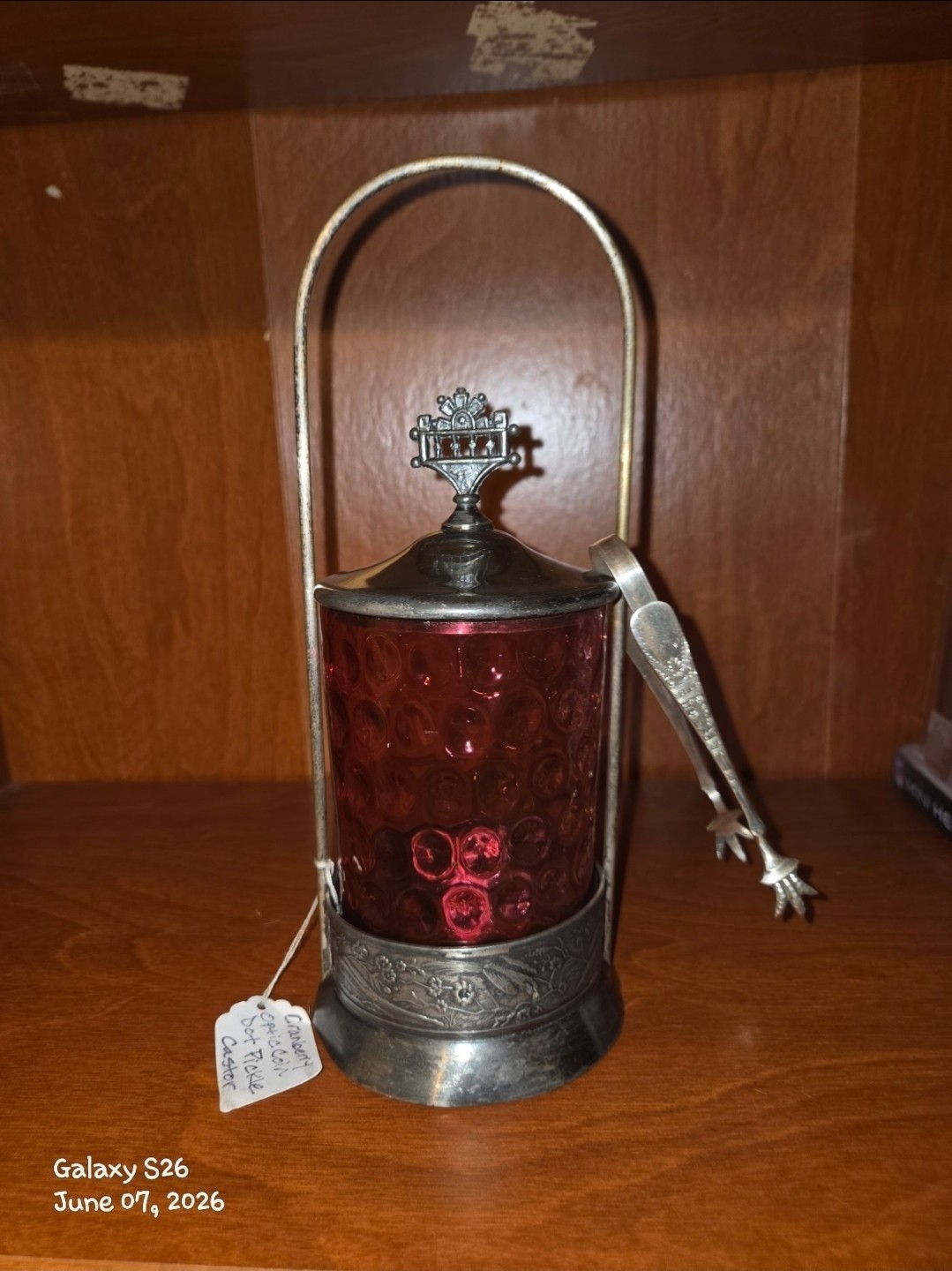 Antique 1880s E.G. Webster & Son Cranberry Pickle Castor w Tongs UV Manganese Antique 1880s E.G. Webster & Son Cranberry Pickle Castor w Tongs UV Manganese