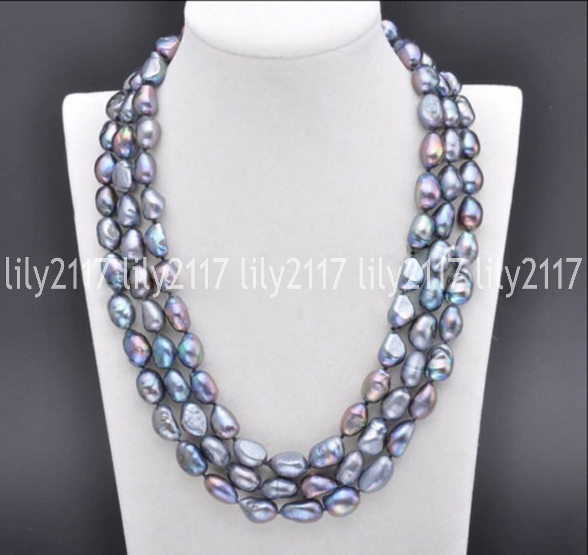 3 Rows Genuine Natural 7-8MM Black Baroque Freshwater Pearl Necklace 18-20\'\'
