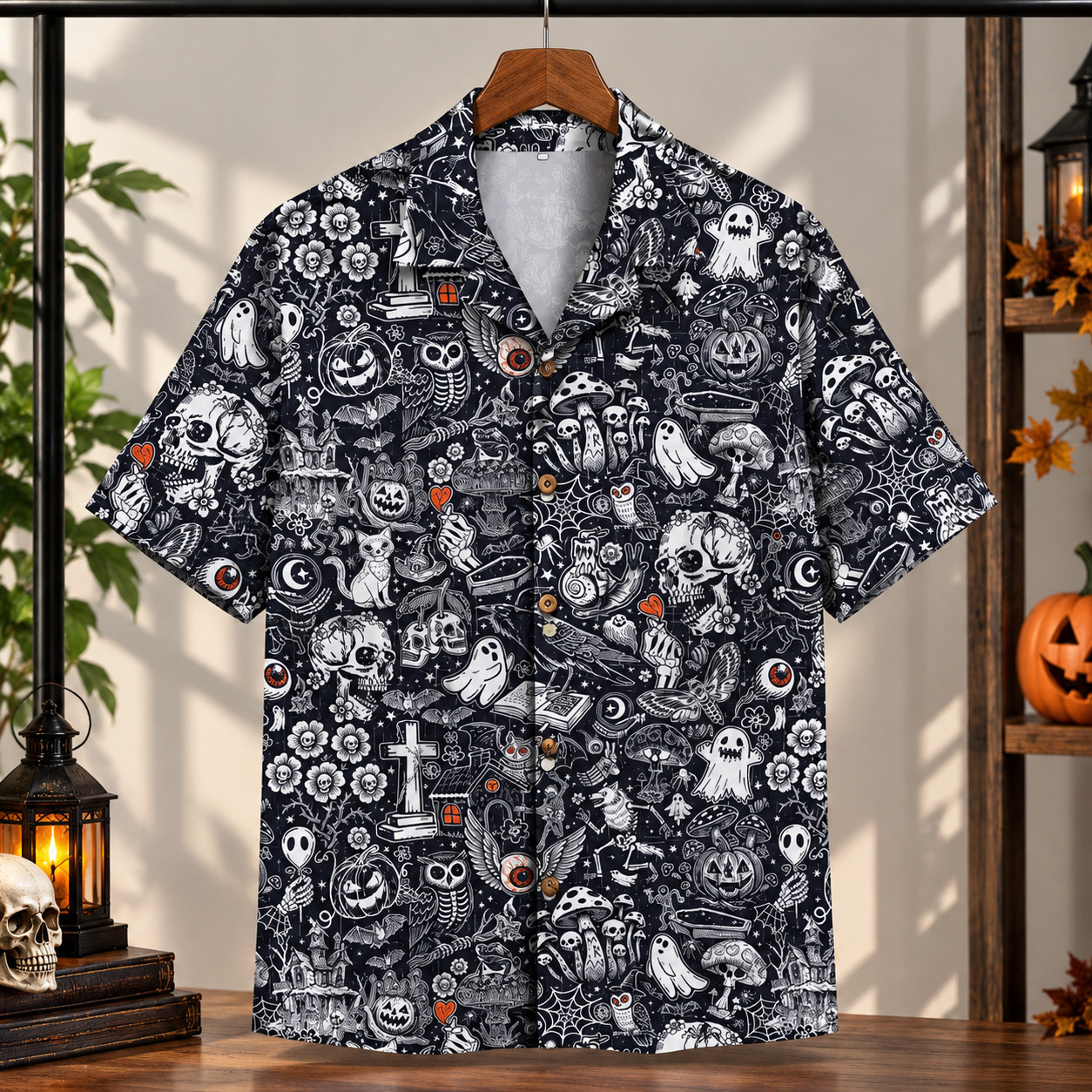 Men\'s Halloween Hawaiian Shirt Vintage Ghost, Pumpkin Skull Print