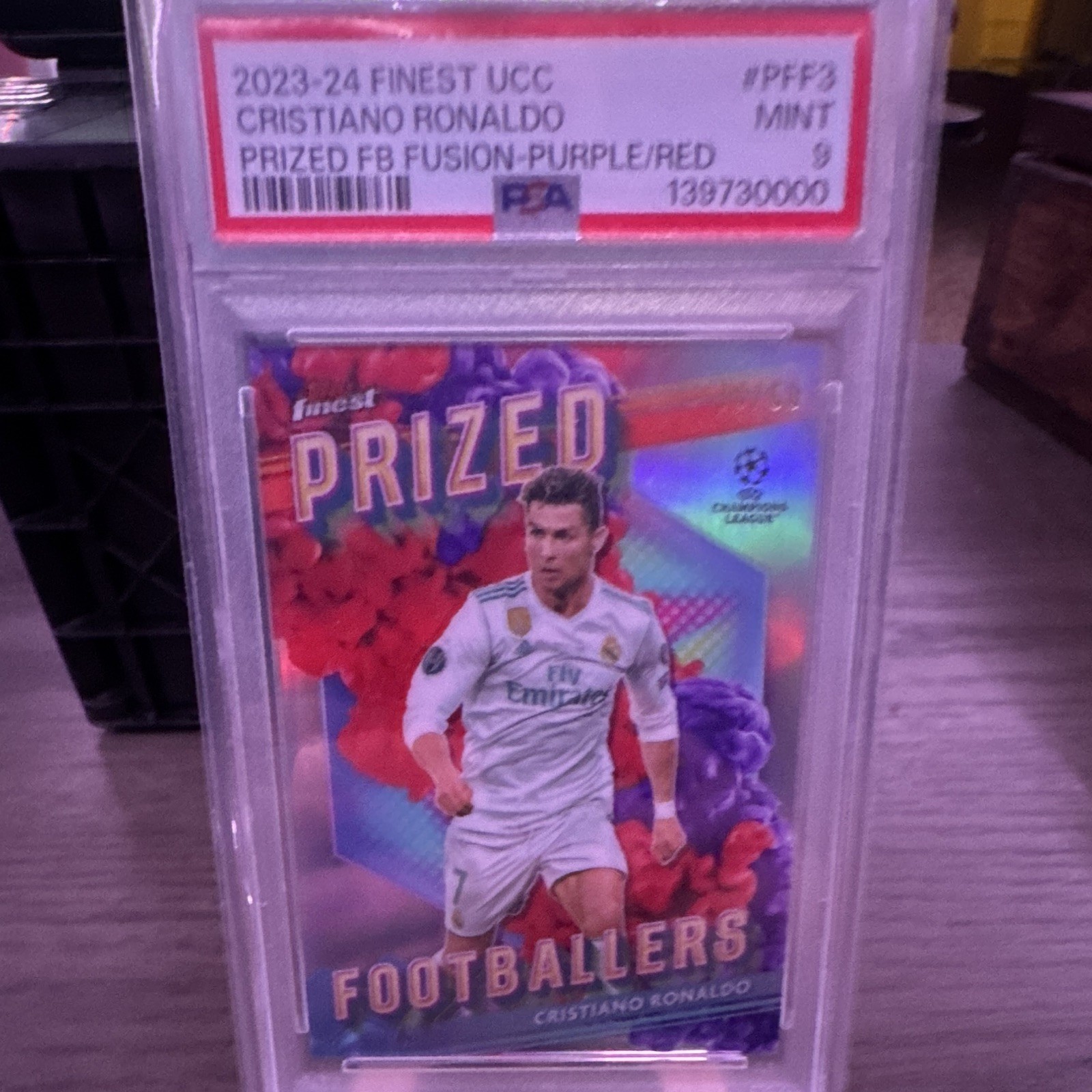 Topps 2023-24 Finest UCC Cristiano Ronaldo PFF-3 Fusion Purple/Red /60 PSA 9 Topps 2023-24 Finest UCC Cristiano Ronaldo PFF-3 Fusion Purple/Red /60 PSA 9