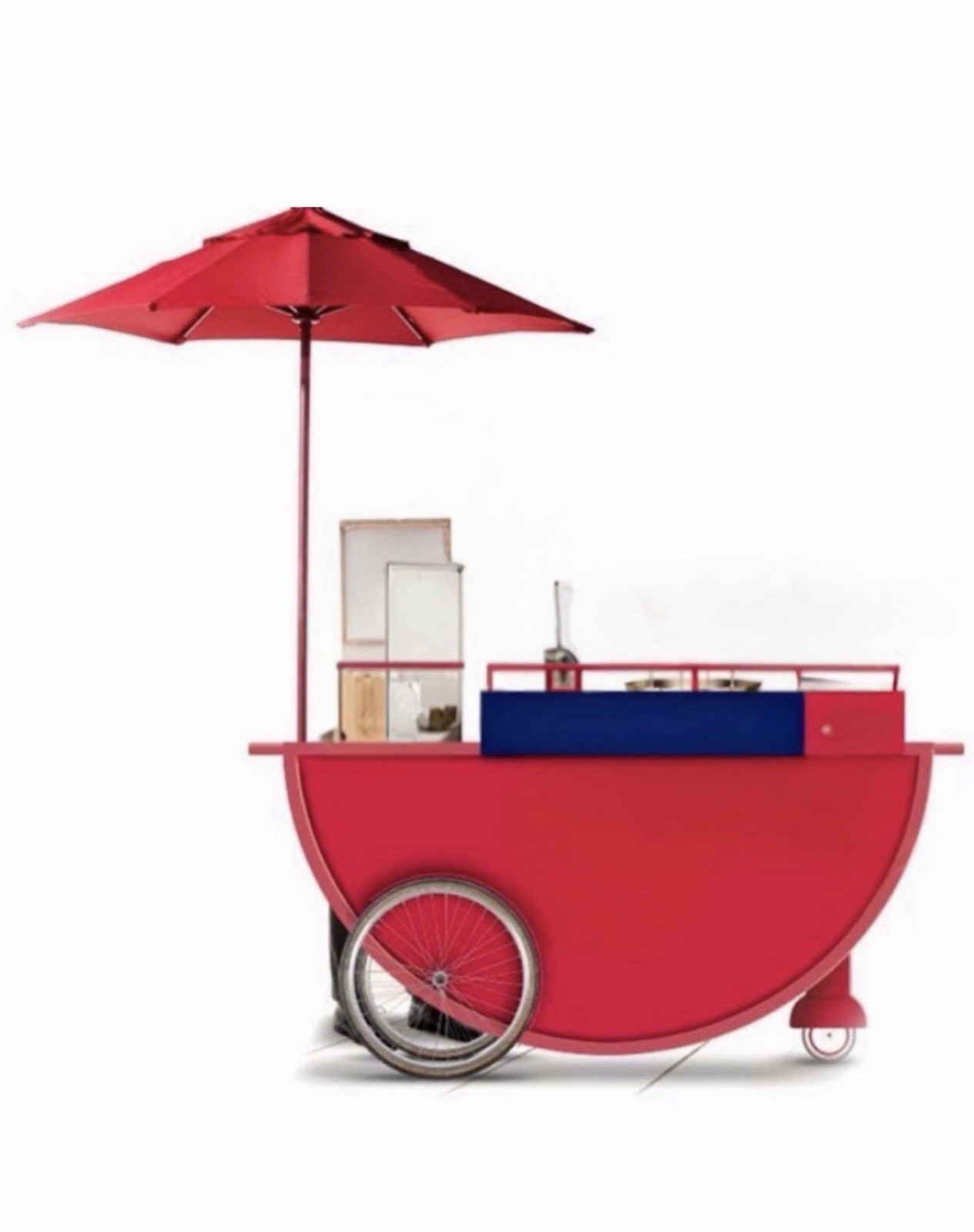 Red Mobile Food Service Cart w/ Umbrella, Wheel & Service Counter Red Mobile Food Service Cart w/ Umbrella, Wheel & Service Counter
