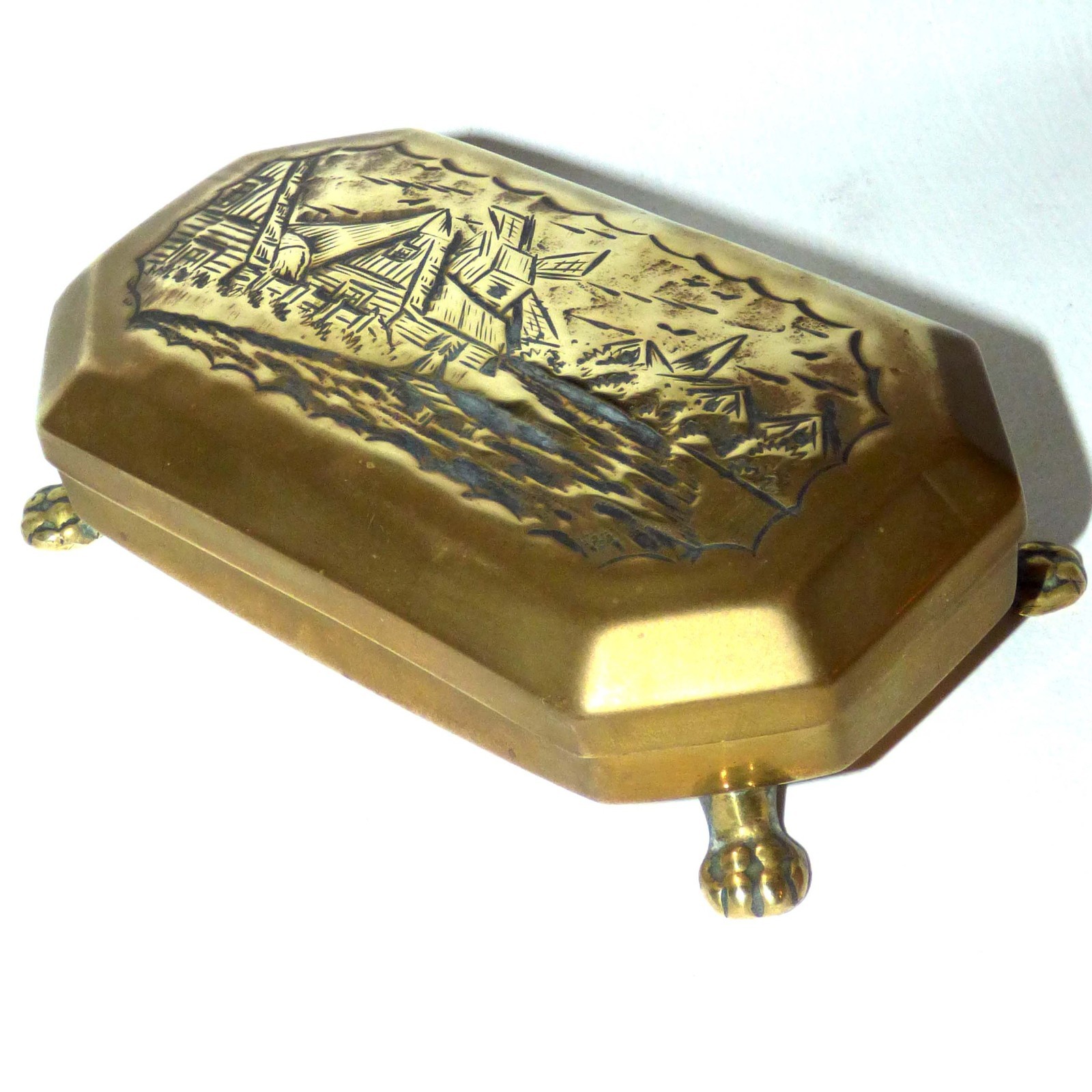 18th C Dutch Brass Tobacco Snuff Box Windmill Claw Feet 5.1 inch Tinned inside