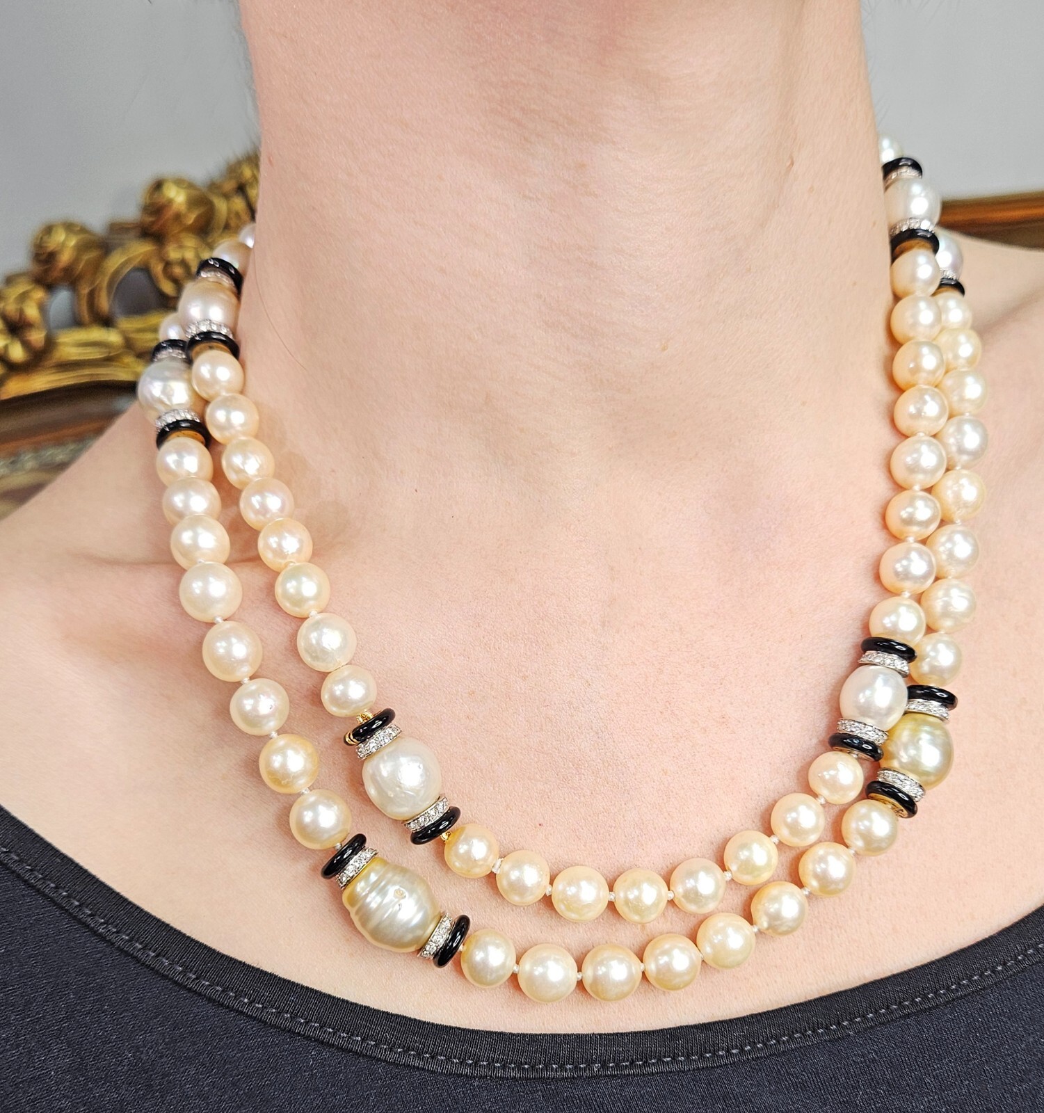 Art Deco 1920s GIA South Sea & Akoya Cultured Pearl Enamel Dia PL 18KYG Necklace