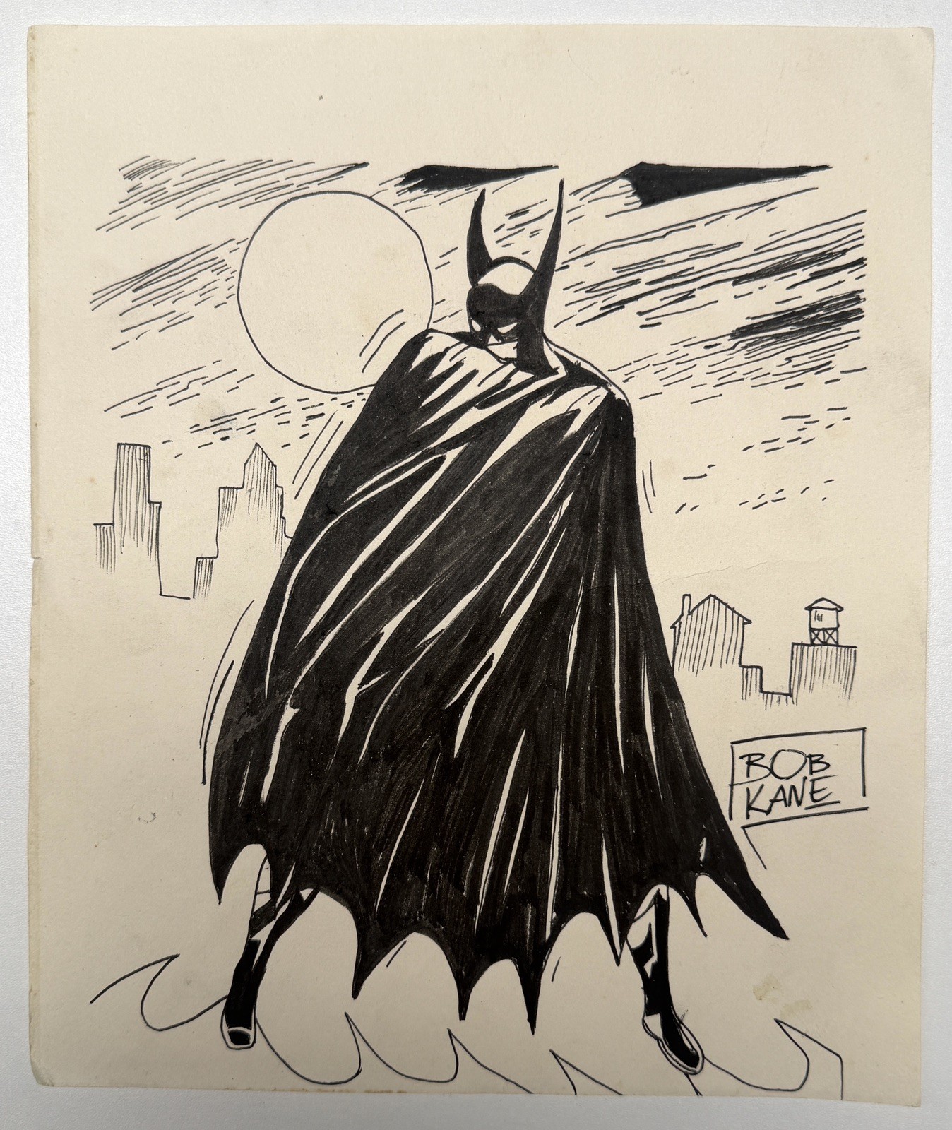 Bob Kane Drawing on old paper (Handmade) signed and stamped artwork
