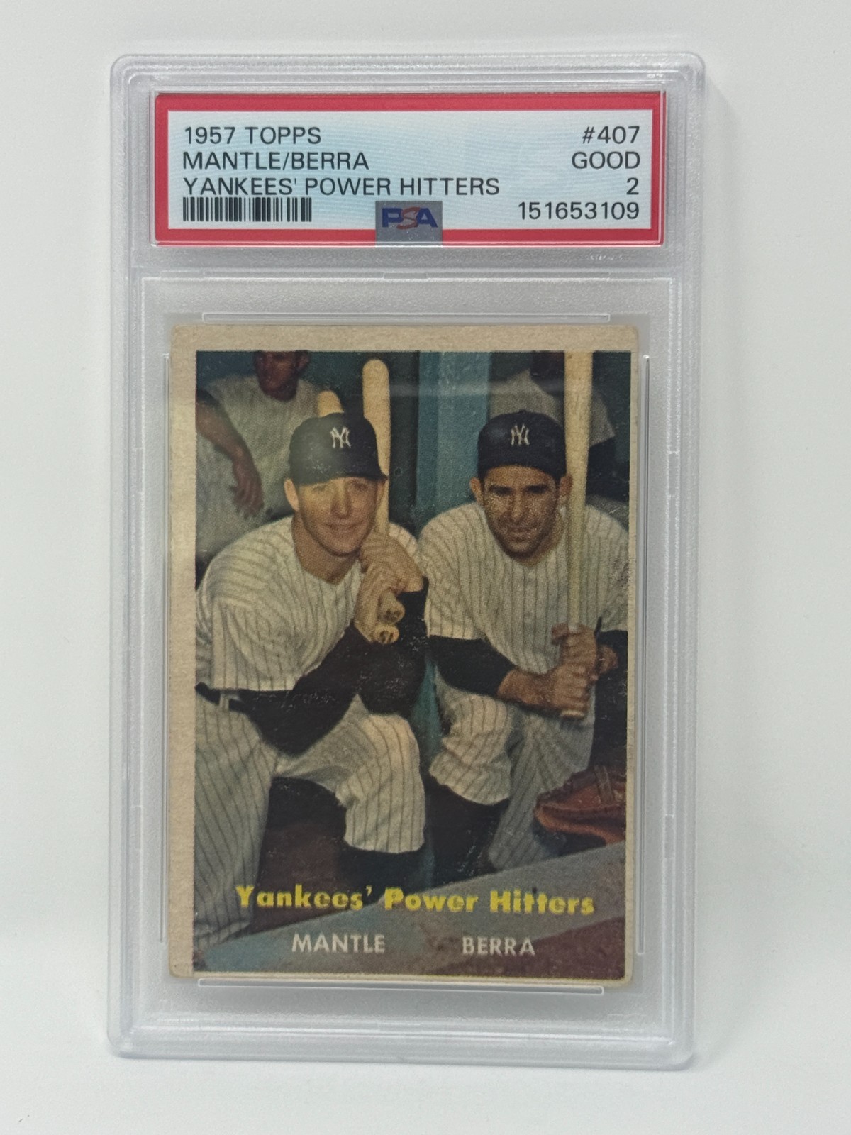 1957 Topps #407 Mickey Mantle, Yogi Berra Yankees- Power Hitters PSA 2 1957 Topps #407 Mickey Mantle, Yogi Berra Yankees- Power Hitters PSA 2
