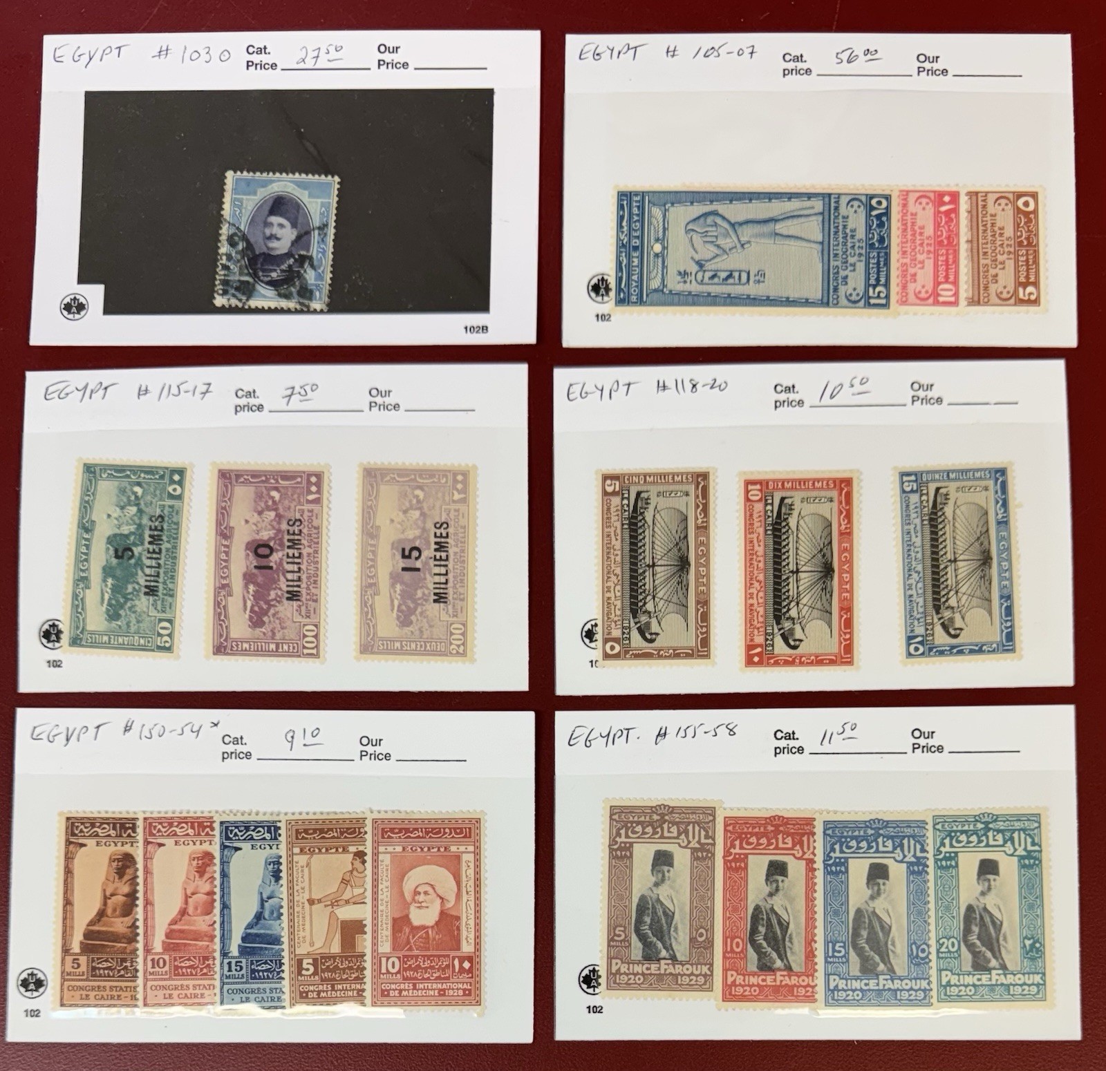 Egypt, 1924-1947, Stock on 102 Cards , Mint, LH/H, Used, Cat. Val. $350.00 Egypt, 1924-1947, Stock on 102 Cards , Mint, LH/H, Used, Cat. Val. $350.00