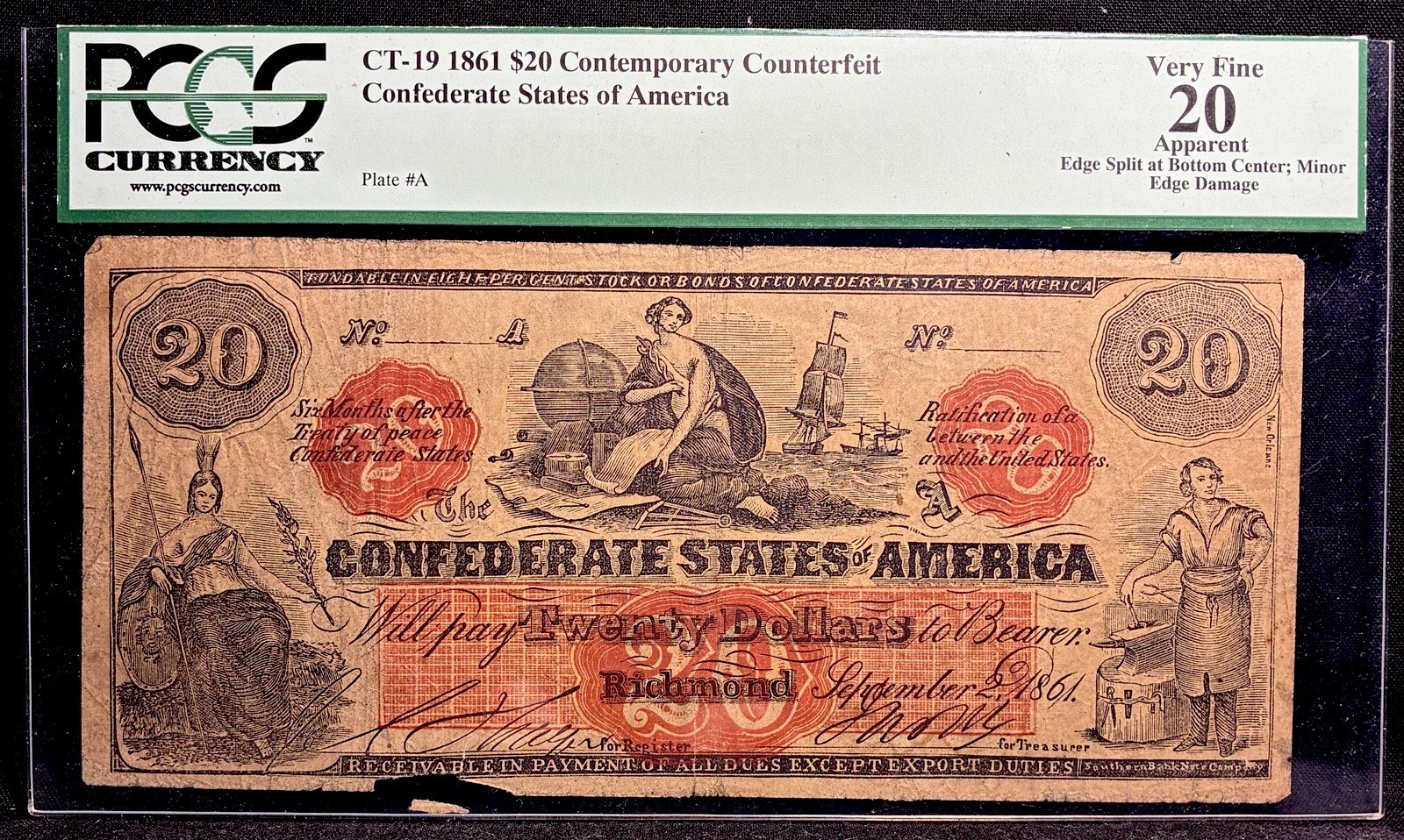 CT-19 $20 1861 Confederate States Civil War, Contemporary Counterfeit Note, PCGS CT-19 $20 1861 Confederate States Civil War, Contemporary Counterfeit Note, PCGS