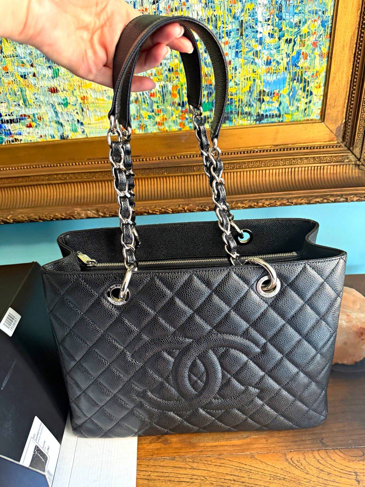 CHANEL GST Black Quilted Caviar Leather Tote Silver Chain Straps Zip Closure Box CHANEL GST Black Quilted Caviar Leather Tote Silver Chain Straps Zip Closure Box
