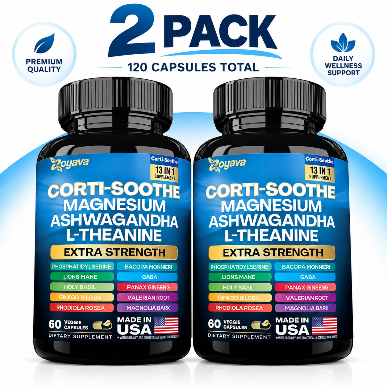 2 Pack Zoyava Corti-Soothe Magnesium Ashwagandha L-Theanine 60 Caps Each