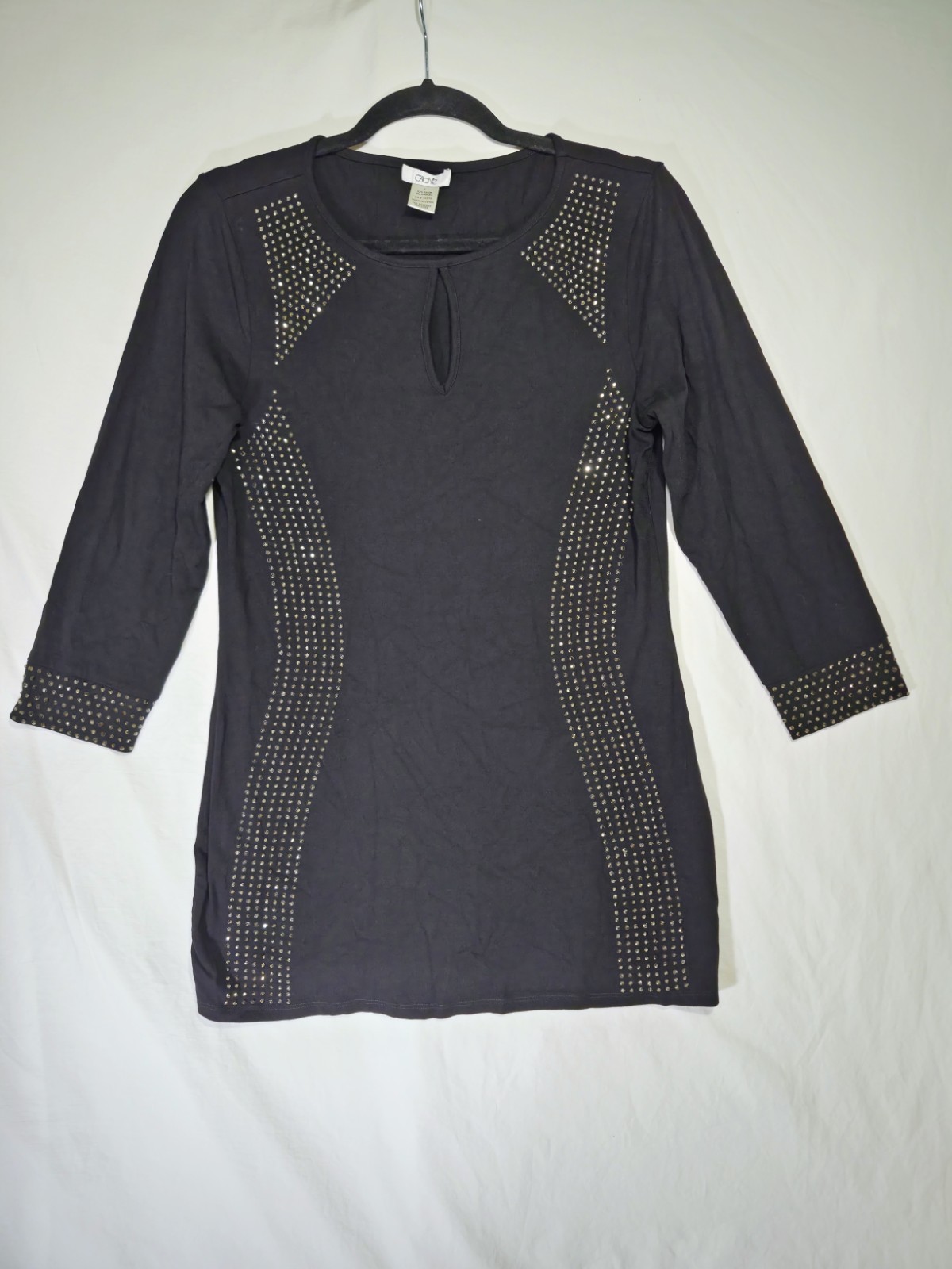 Cache Womens L Black Rhinestone Studded Keyhole 3/4 Sleeve Top Y2K Glam