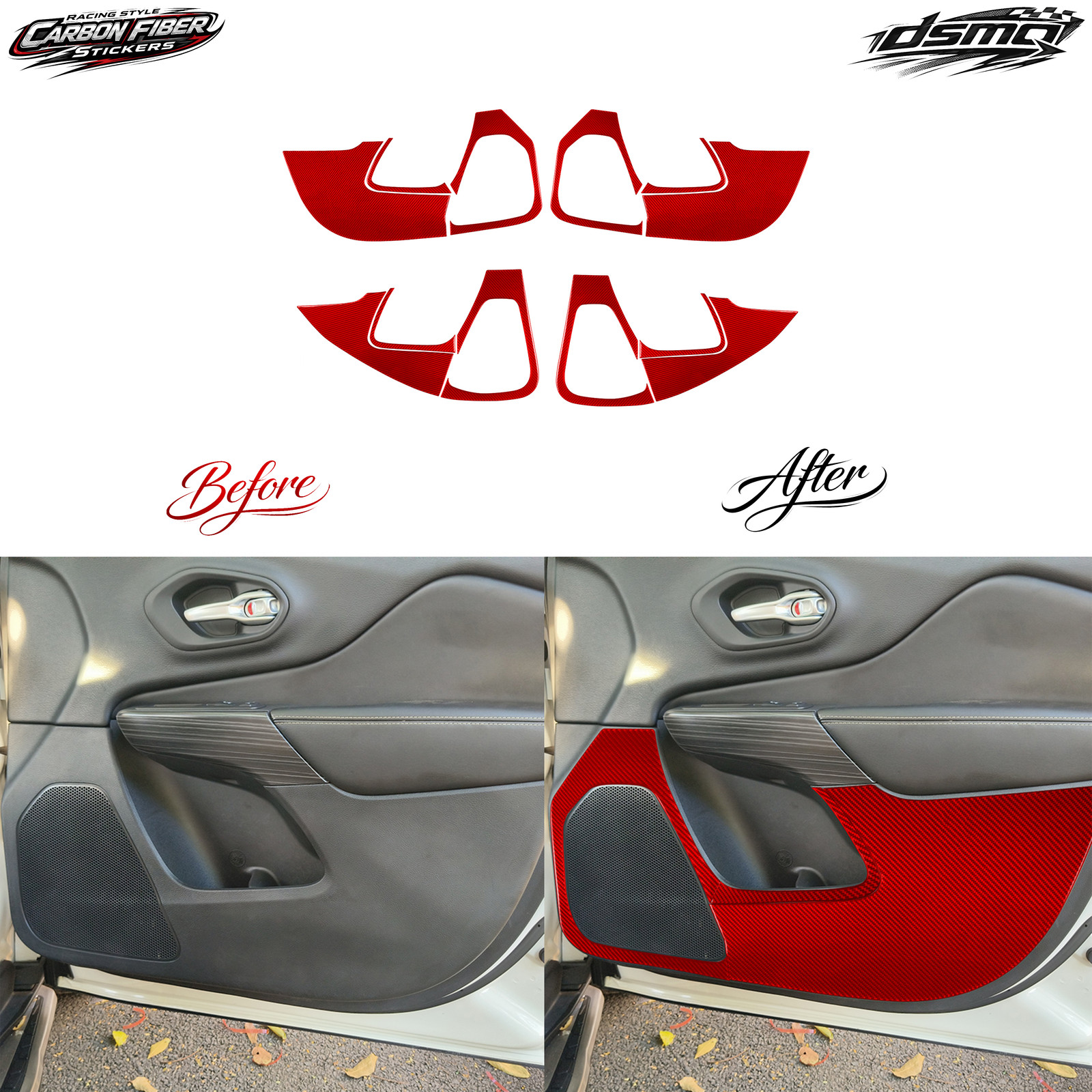 12Pcs Red Carbon Fiber Interior Door Panel Cover Trim For Jeep Cherokee 2014-18
