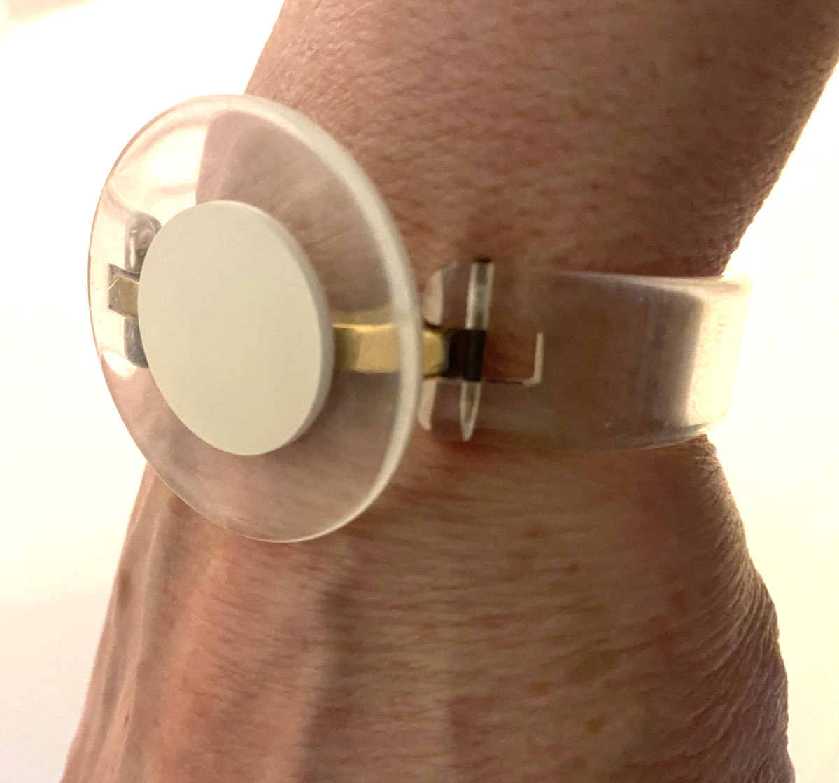 Statement Vintage Mod clear Lucite Bracelet with metal hinge disc made in France Statement Vintage Mod clear Lucite Bracelet with metal hinge disc made in France