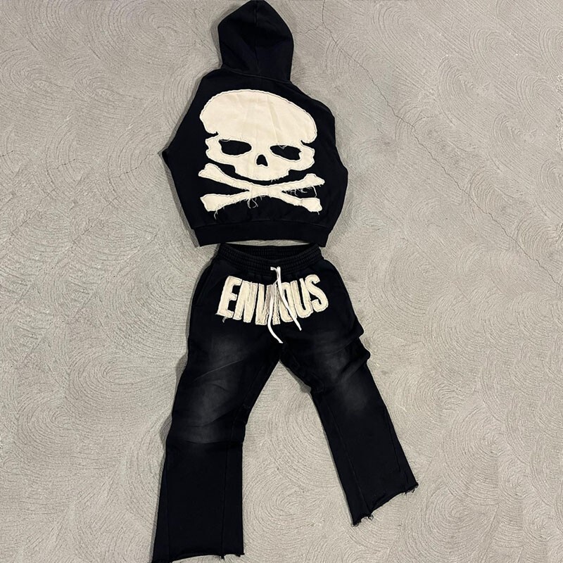 Mens 2 Piece tracksuit Distressed Hoodie and Pants Cotton Fleece Casual Unisex