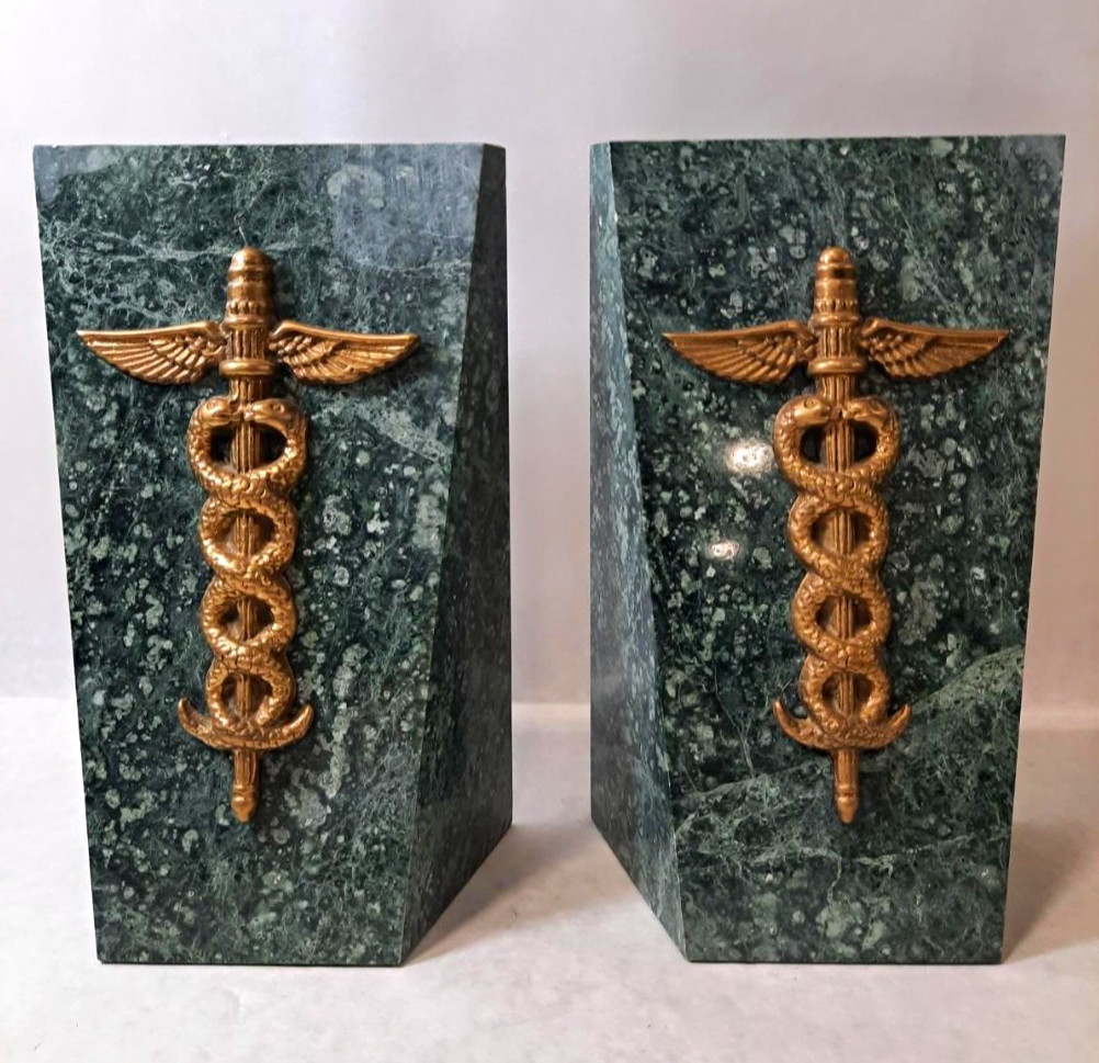 Vintage GATCO Green Marble & Solid Brass Caduceus Medical Bookends Vintage GATCO Green Marble & Solid Brass Caduceus Medical Bookends