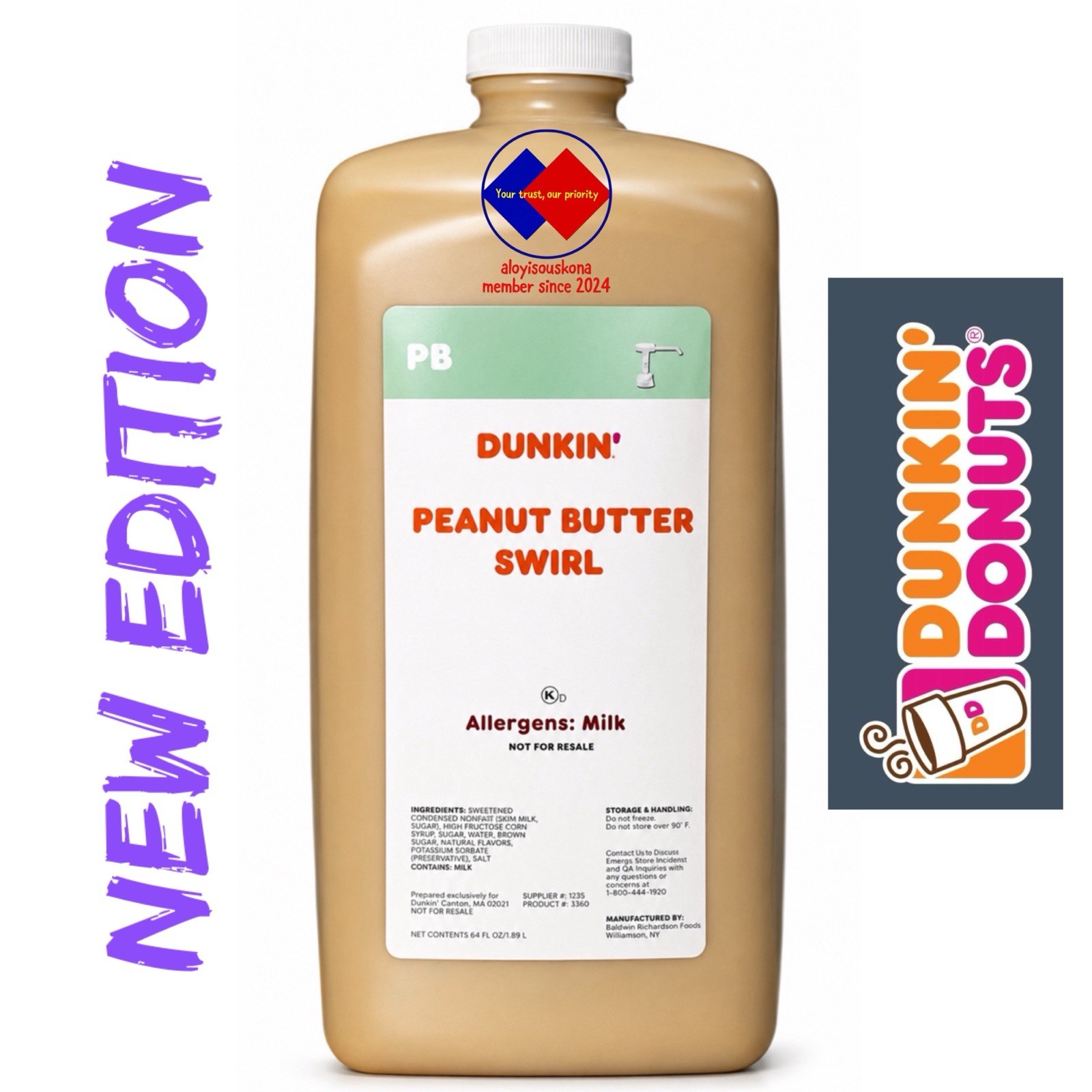 Dunkin’ Peanut Butter Swirl 64 FL OZ Jug. NO Pump, BUY 2 GET 10% OFF & 1 PUMP. Dunkin’ Peanut Butter Swirl 64 FL OZ Jug. NO Pump, BUY 2 GET 10% OFF & 1 PUMP.