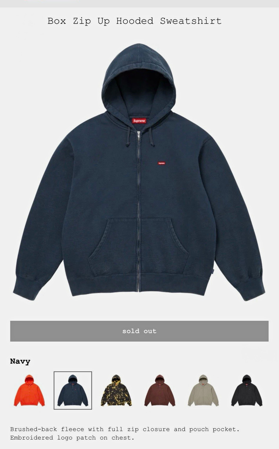 Supreme Men\'s Full Zip Hooded Hoodie Navy Solid Logo Fleece Regular Fit Supreme Men\'s Full Zip Hooded Hoodie Navy Solid Logo Fleece Regular Fit