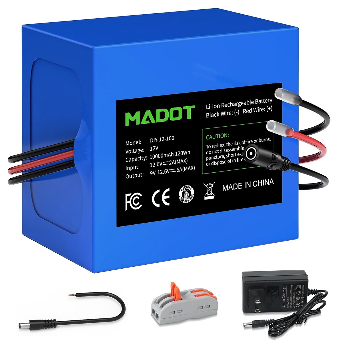 10000mAh 12V Rechargeable Battery with Bare Leads Wire for DIY Projects RC Car