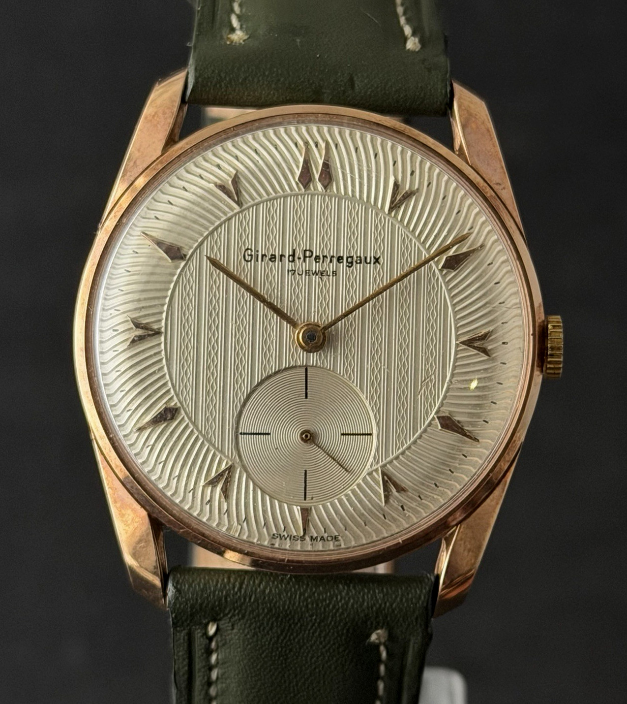 VINTAGE BIG 37mm GIRARD PERREGAUX SWISS WATCH REFINISHED TEXTURED DIAL GOLD PLAT