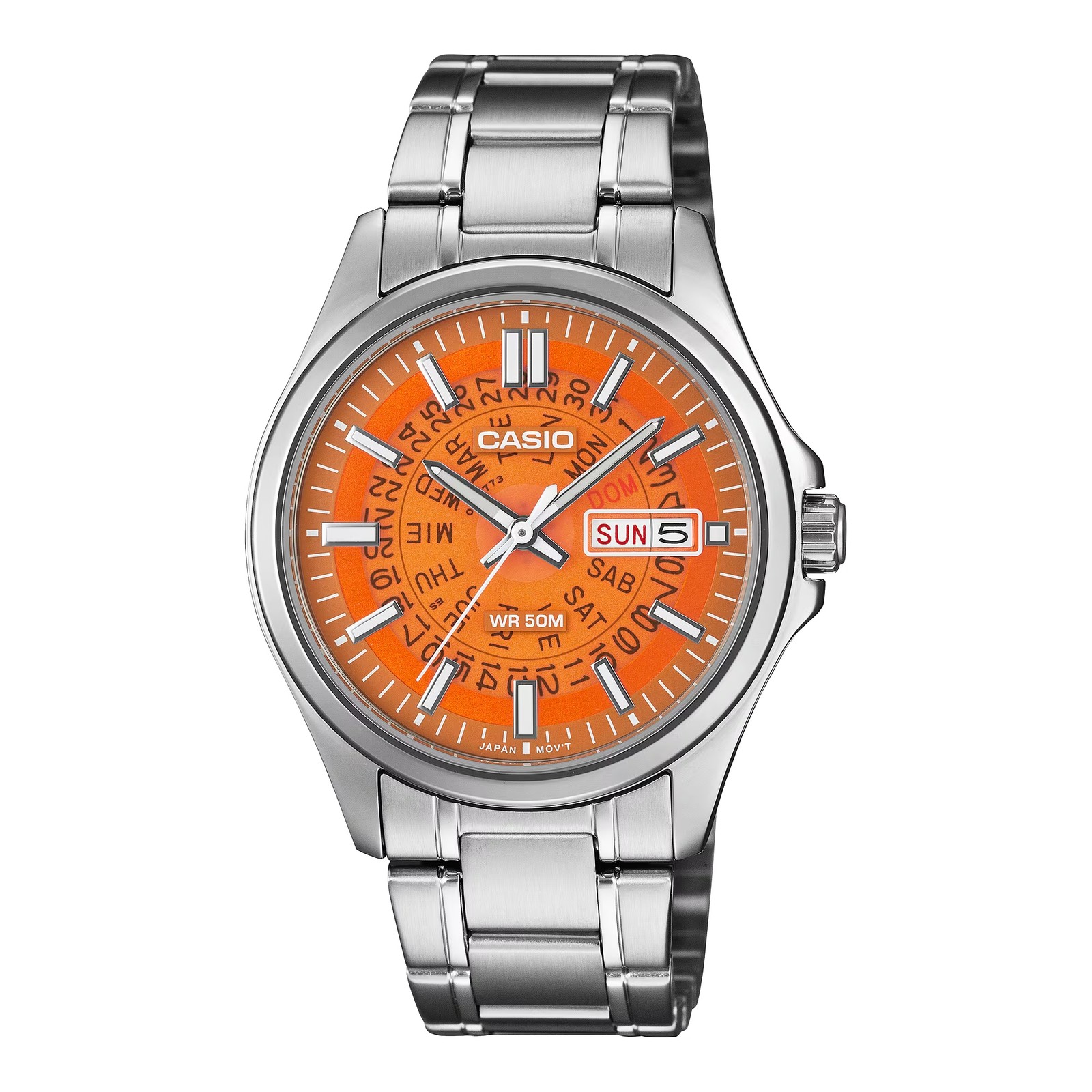 Casio Men\'s Orange Dial Stainless Steel Day Date Wristwatch - MTP-E740-4AVDF