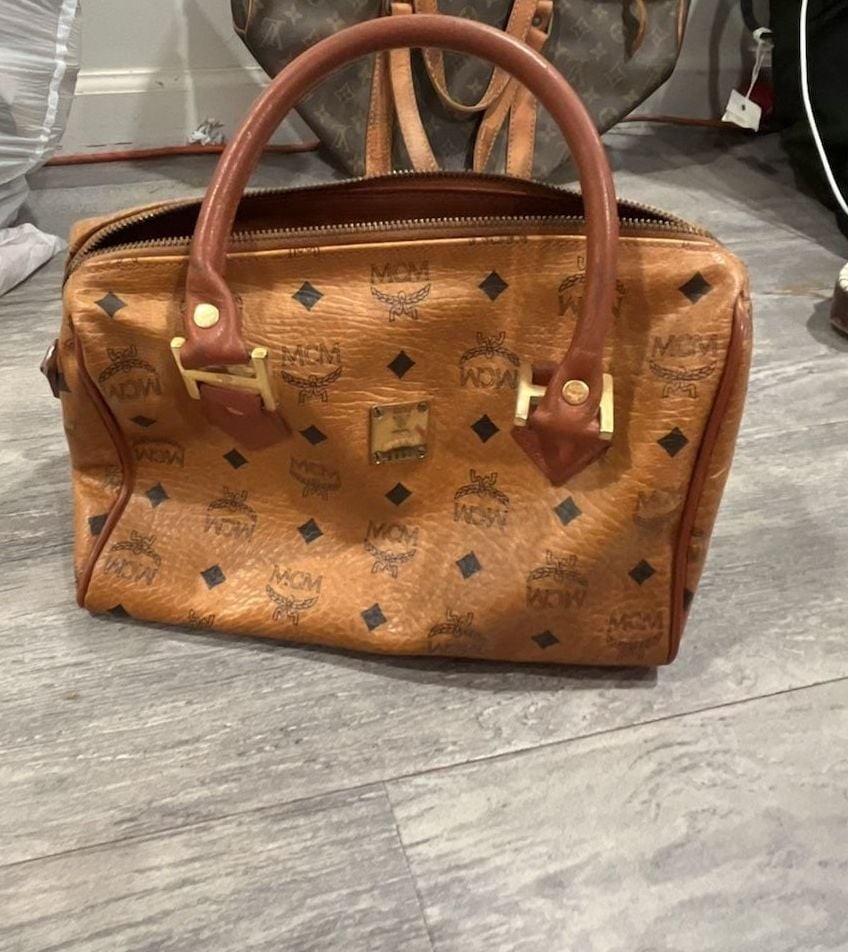 MCM Visetos Monogram Cognac Brown Boston Satchel Handbag