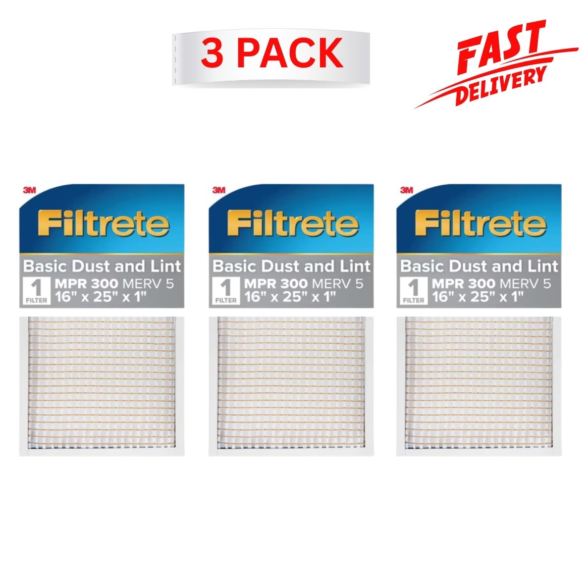 Filtrete 16x25x1 HVAC Furnace Air Filter MPR 300 MERV 5, 3 Filters
