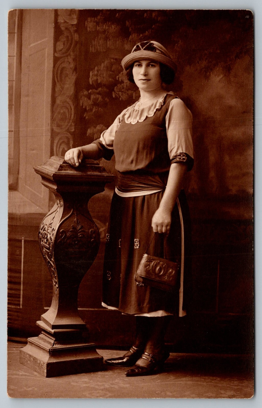 Postcard Dapper Woman Vintage Antique Purse Studio Portrait Real Photo RPPC