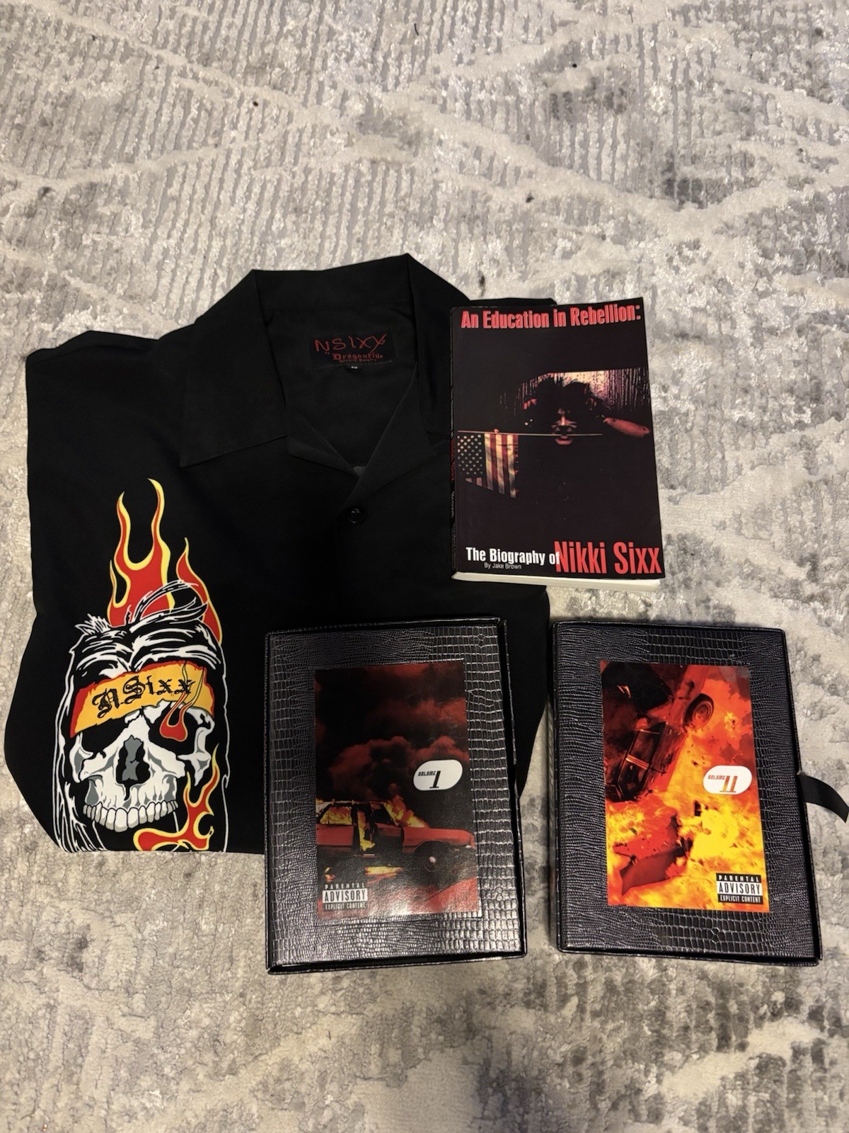 Motley Crue Music To Crash Your Car To Vol. 1 Vol. 2 Nikki Sixx Shirt, Book Motley Crue Music To Crash Your Car To Vol. 1 Vol. 2 Nikki Sixx Shirt, Book