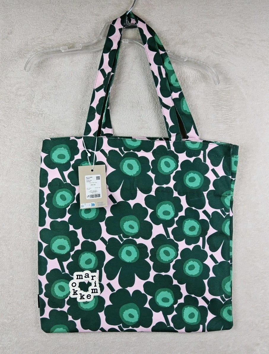 Marimekko Kioski Metka Mini Unikko Pink Green Canvas Tote Bag NWT Logo Patch